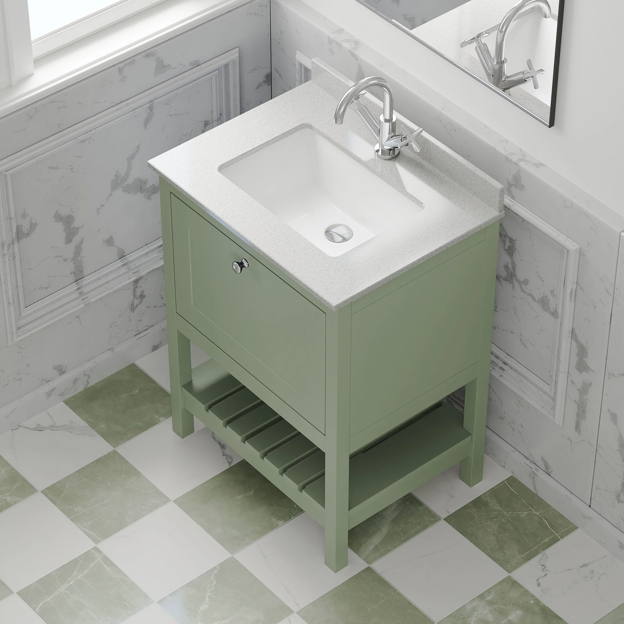 Balterley Rye Traditional Bathroom 1 Soft Close Drawer Floor Standing Vanity Unit Marble Top Basin, Fern Green/White, 620mm - Image 3