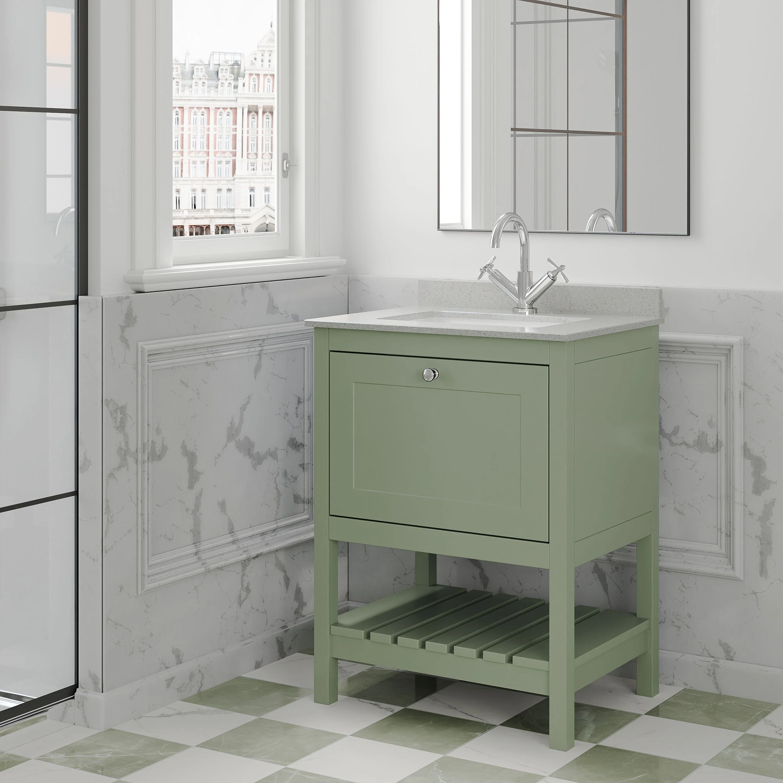 Balterley Rye Traditional Bathroom 1 Soft Close Drawer Floor Standing Vanity Unit Marble Top Basin, Fern Green/White, 620mm - Image 4