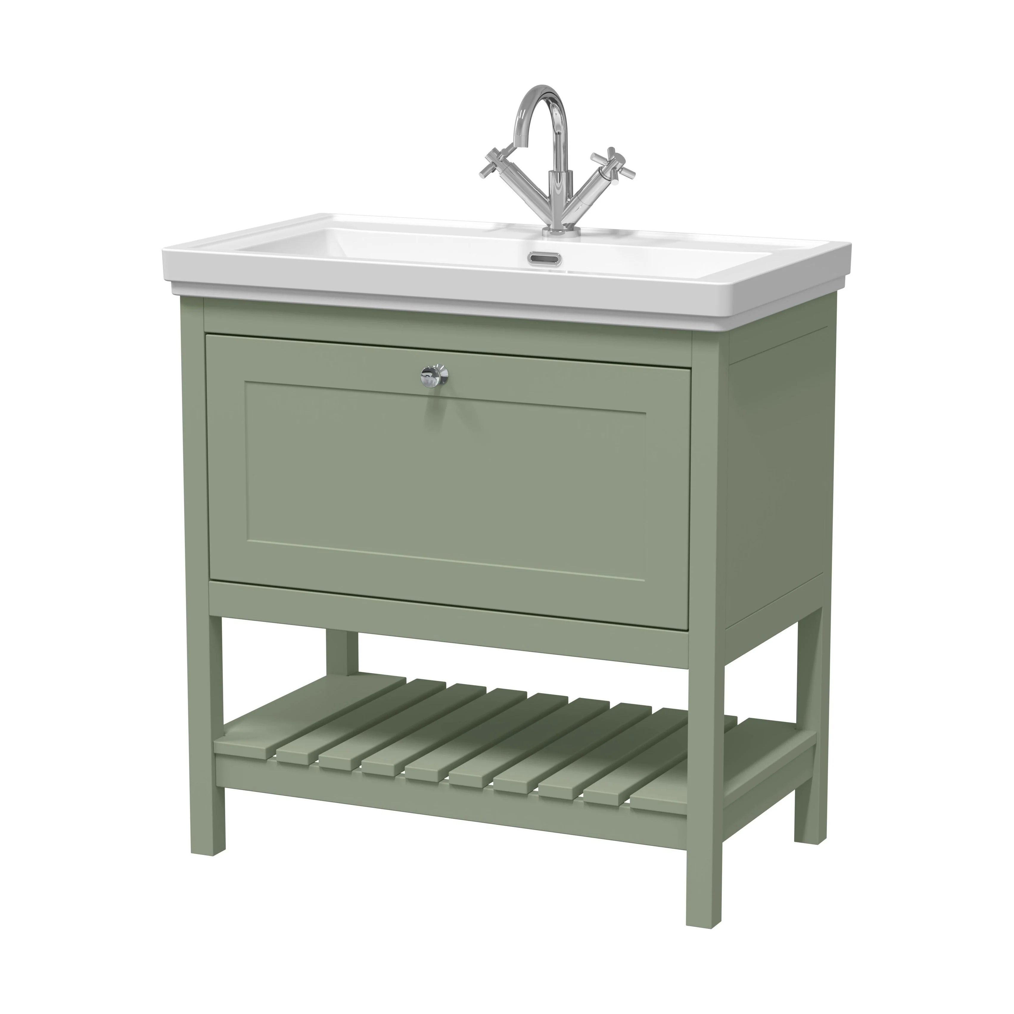 Balterley Rye Traditional Bathroom 1 Soft Close Drawer Floor Standing Vanity Unit Basin, Fern Green, 830mm