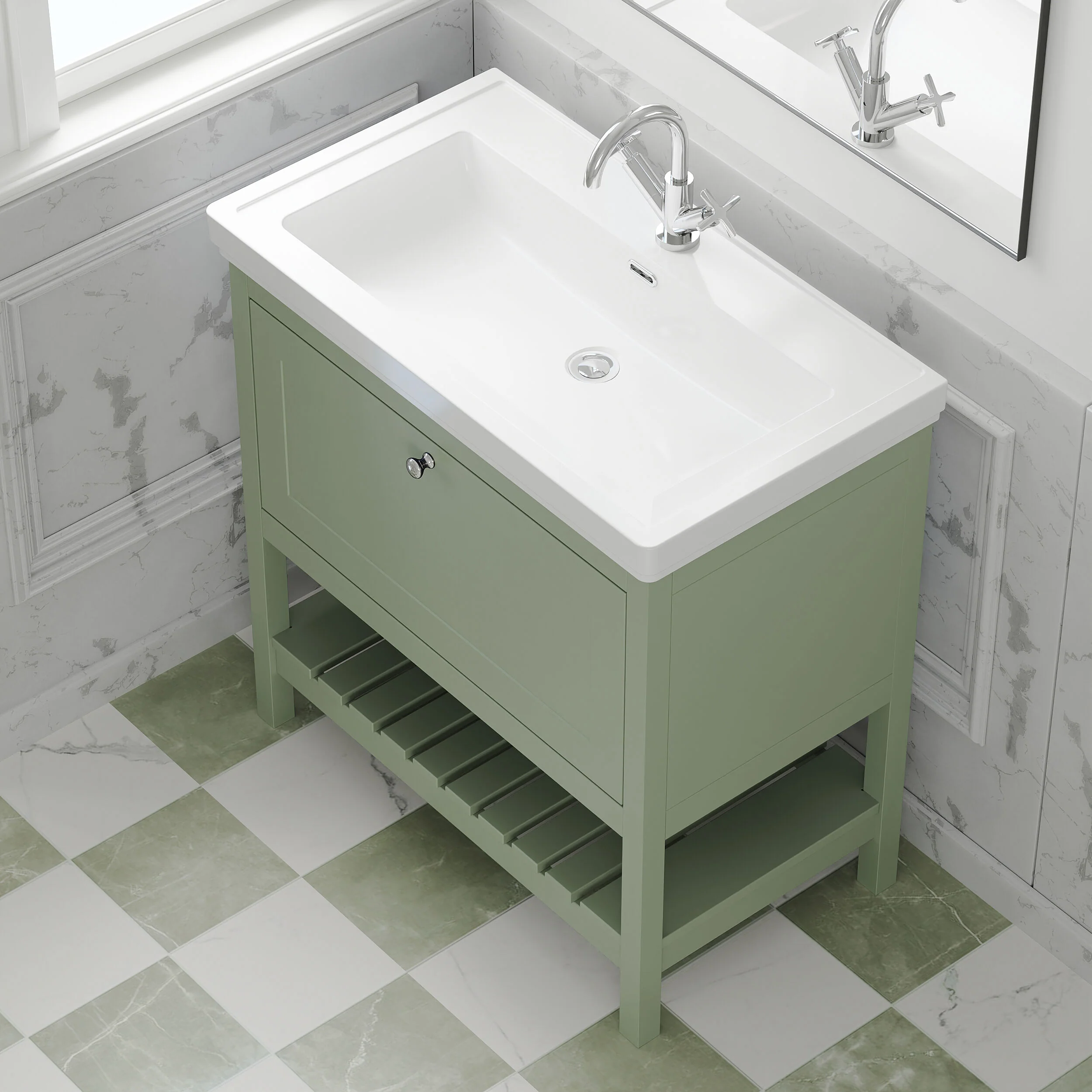 Balterley Rye Traditional Bathroom 1 Soft Close Drawer Floor Standing Vanity Unit Basin, Fern Green, 830mm - Image 3