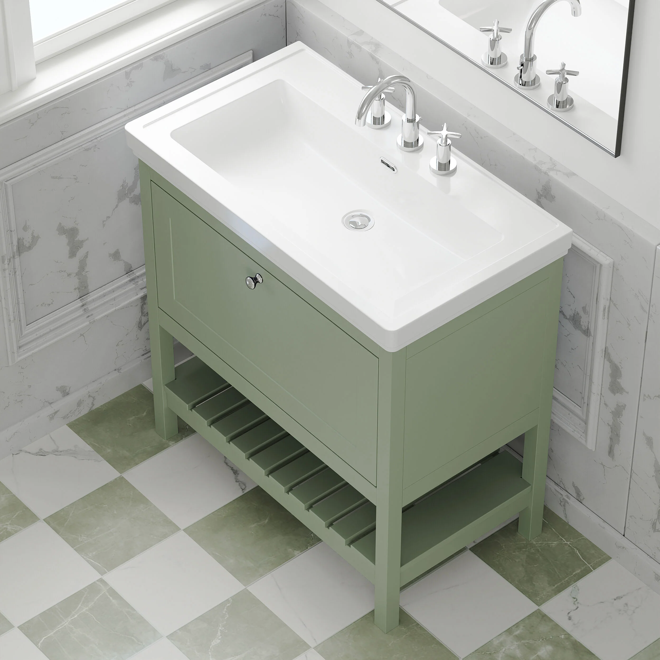 Balterley Rye Traditional Bathroom 1 Soft Close Drawer Floor Standing Vanity Unit Basin, Fern Green, 830mm - Image 3