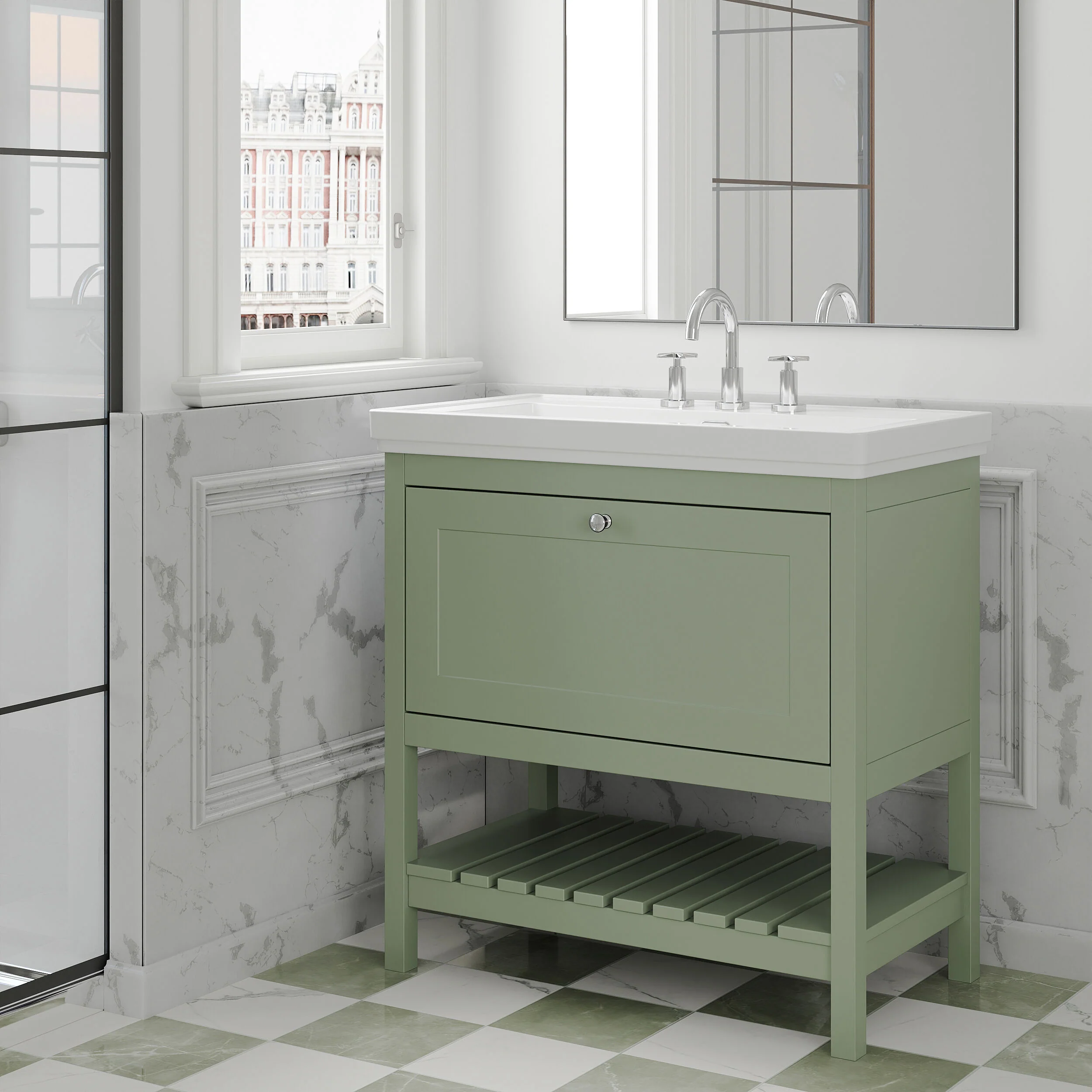 Balterley Rye Traditional Bathroom 1 Soft Close Drawer Floor Standing Vanity Unit Basin, Fern Green, 830mm - Image 4