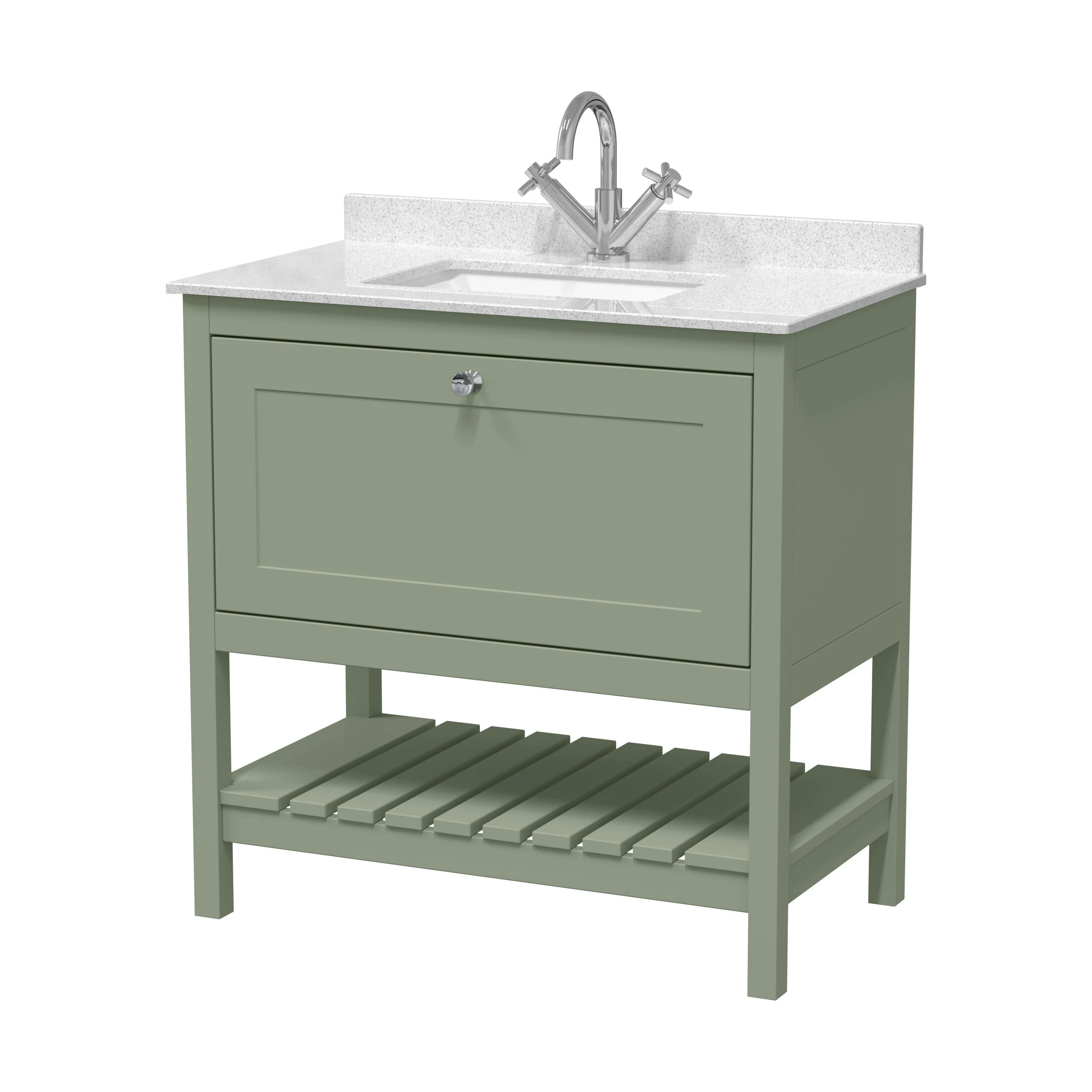 Balterley Rye Traditional Bathroom 1 Soft Close Drawer Floor Standing Vanity Unit Marble Top Basin, Fern Green/White, 820mm