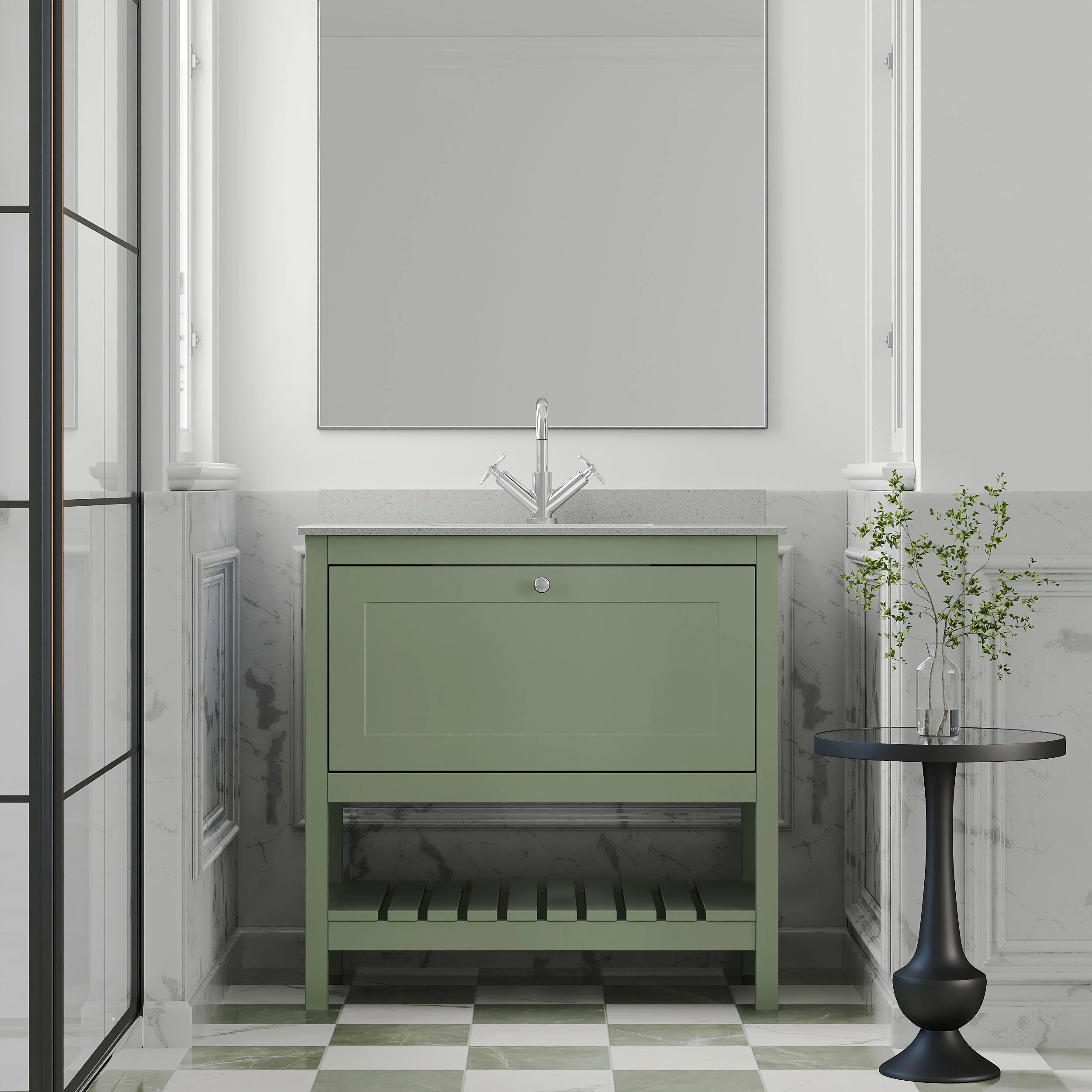Balterley Rye Traditional Bathroom 1 Soft Close Drawer Floor Standing Vanity Unit Marble Top Basin, Fern Green/White, 820mm - Image 2