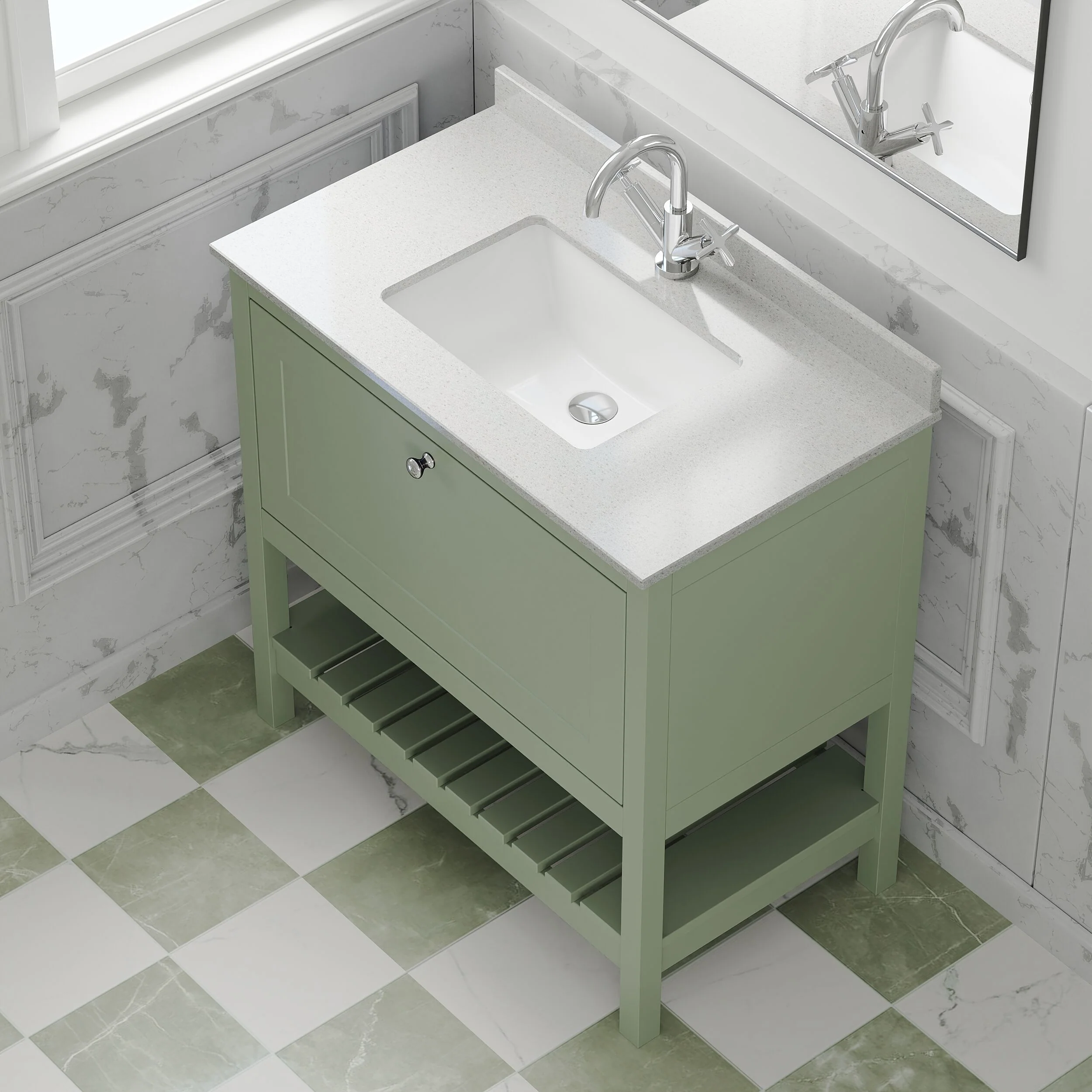 Balterley Rye Traditional Bathroom 1 Soft Close Drawer Floor Standing Vanity Unit Marble Top Basin, Fern Green/White, 820mm - Image 3