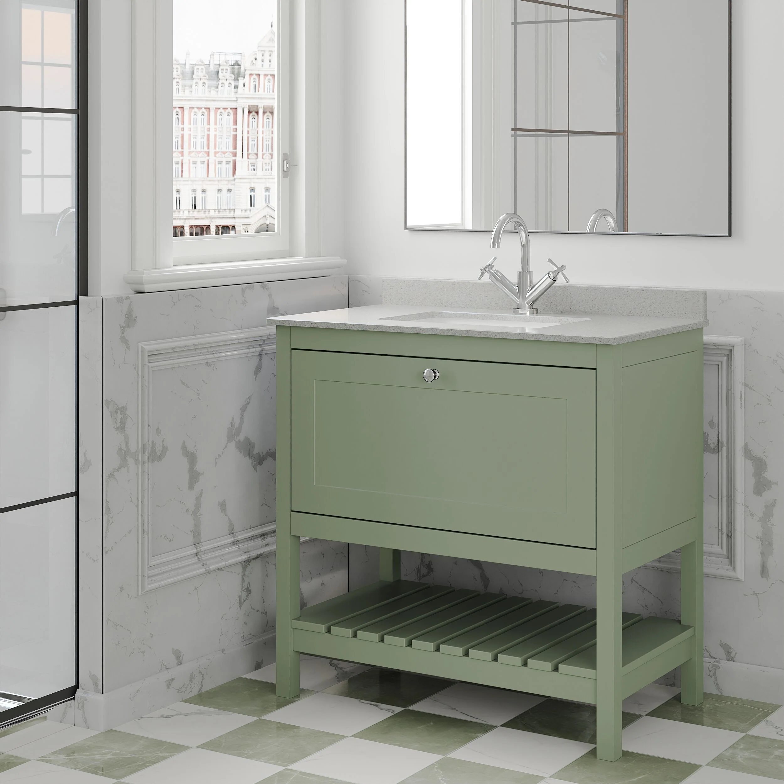 Balterley Rye Traditional Bathroom 1 Soft Close Drawer Floor Standing Vanity Unit Marble Top Basin, Fern Green/White, 820mm - Image 4