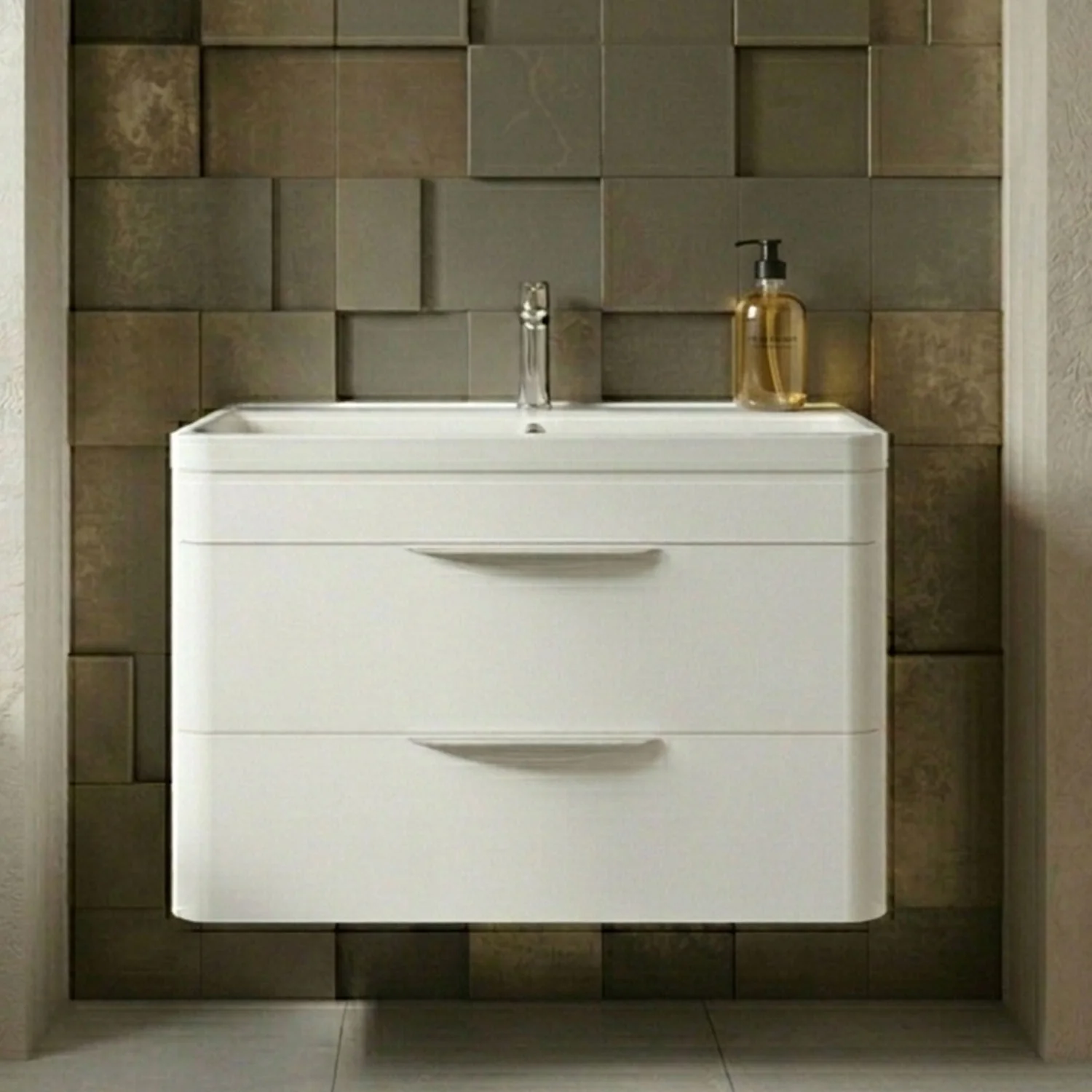 Balterley Wave Modern Bathroom Wall Hung 2 Drawer Vanity Unit Basin, Gloss White, 755mm