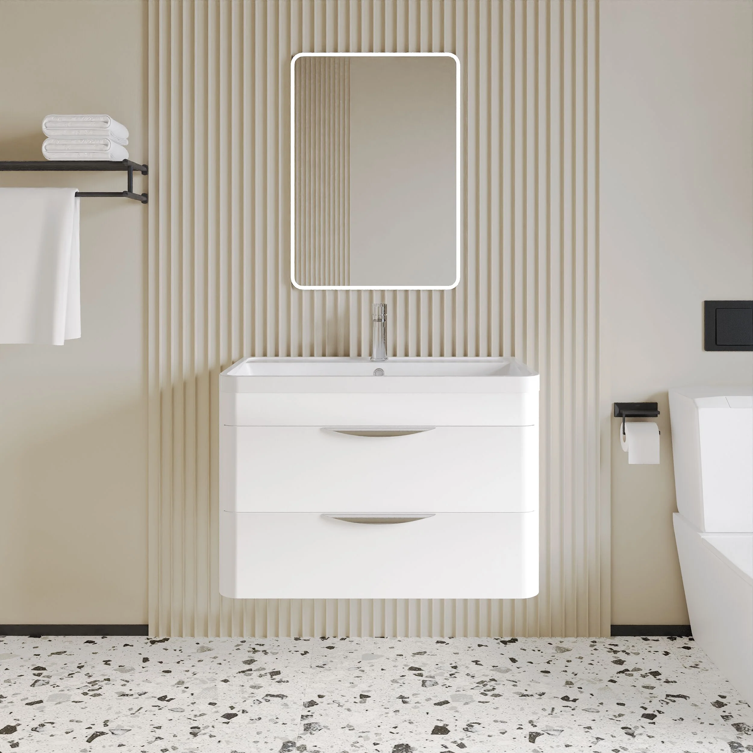 Balterley Wave Modern Bathroom Wall Hung 2 Drawer Vanity Unit Basin, Gloss White, 755mm - Image 2