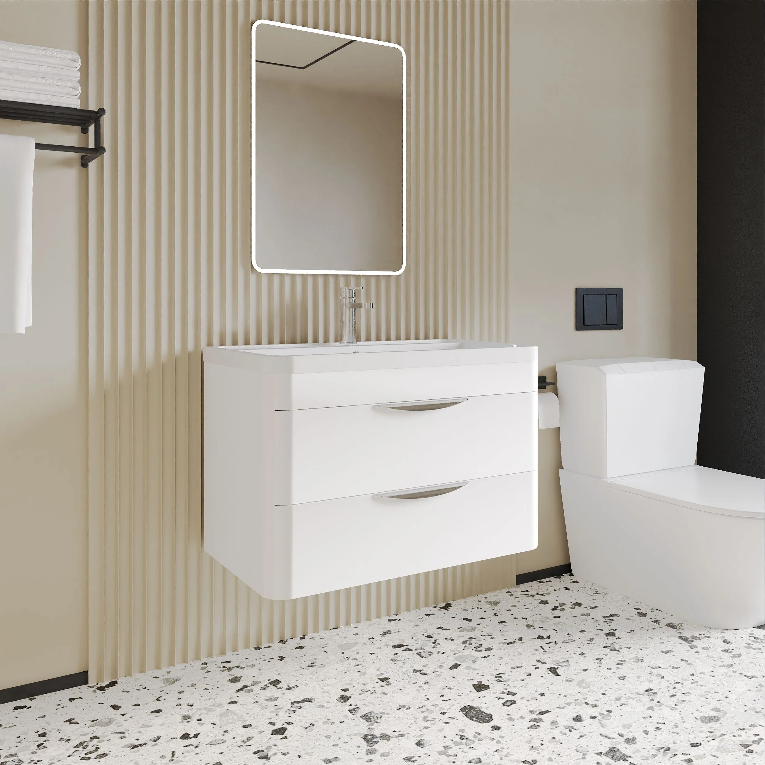 Balterley Wave Contemporary Bathroom Wall Hung 2 Drawer Vanity Unit & Ceramic Basin, Gloss White, 810mm - Image 3