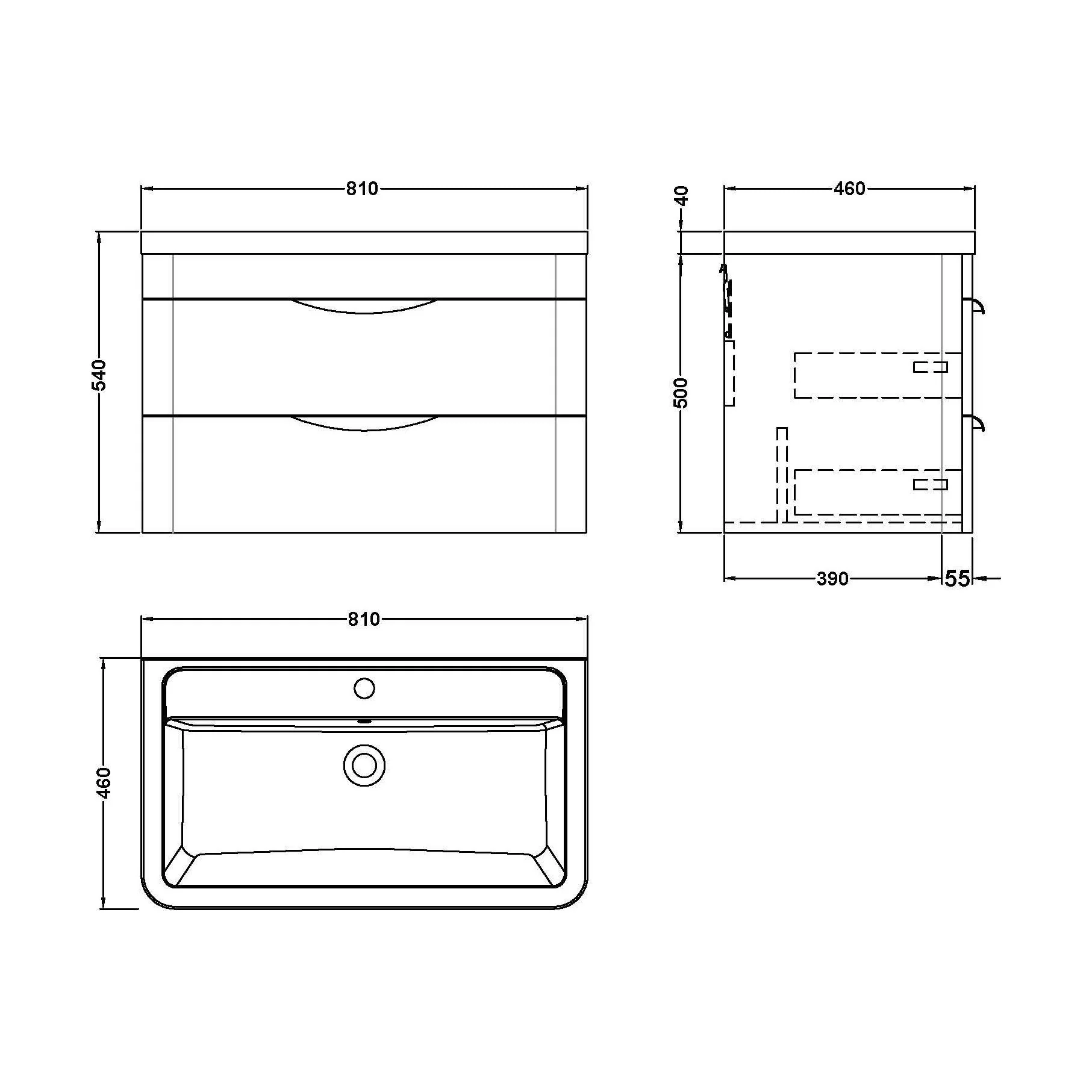 Balterley Wave Contemporary Bathroom Wall Hung 2 Drawer Vanity Unit & Ceramic Basin, Gloss White, 810mm - Image 4