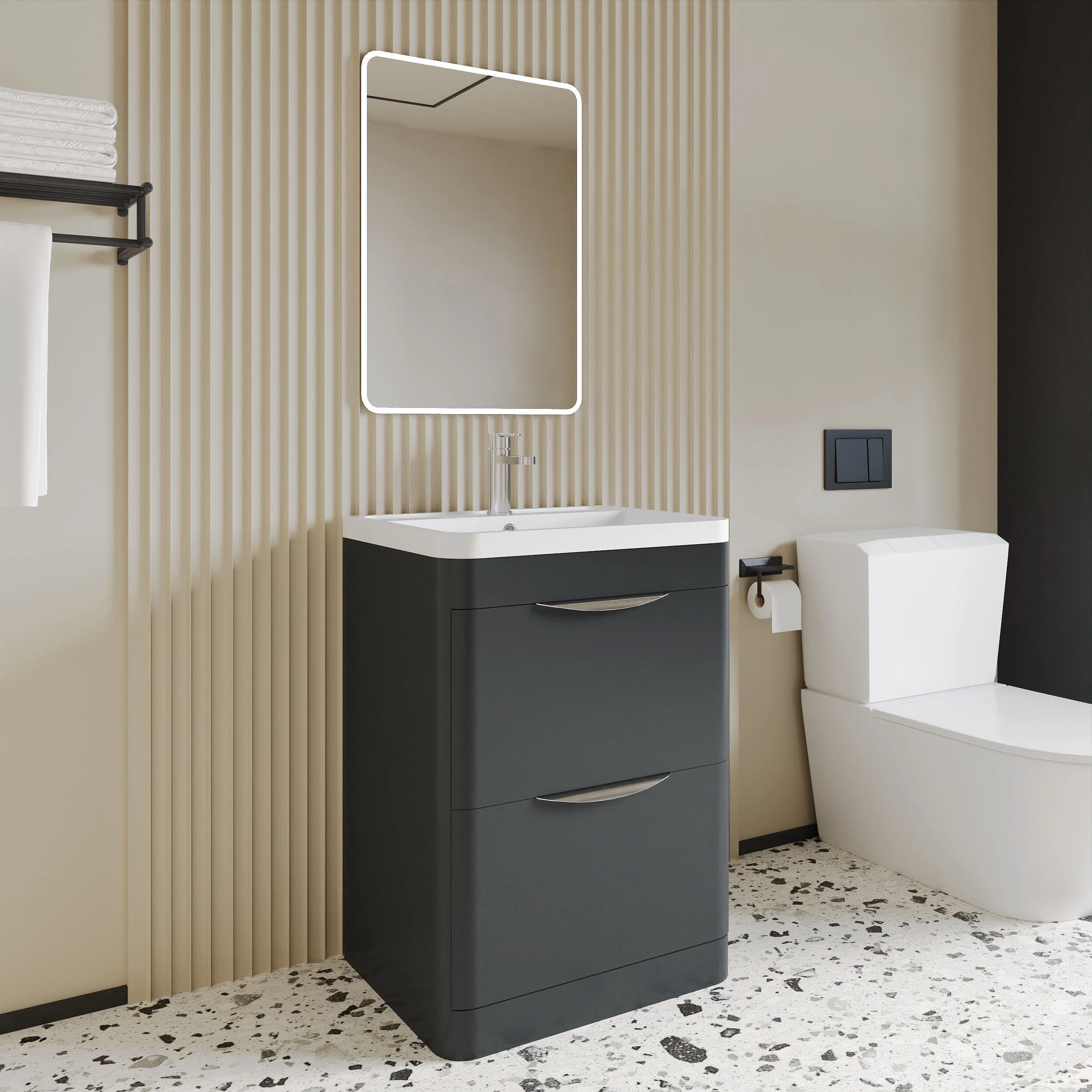 Balterley Wave Contemporary Floor Standing 2 Drawer Vanity Unit & Ceramic Basin, Dark Grey, 550mm - Image 3
