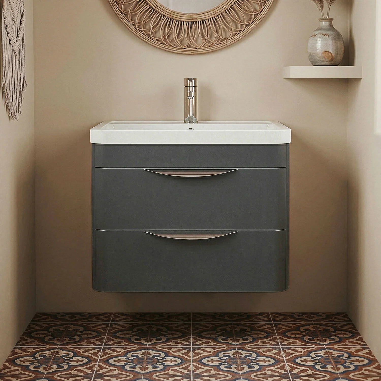 Balterley Wave Contemporary Wall Hung 2 Drawer Bathroom Vanity Unit & Polymarble Basin, Dark Grey, 550mm