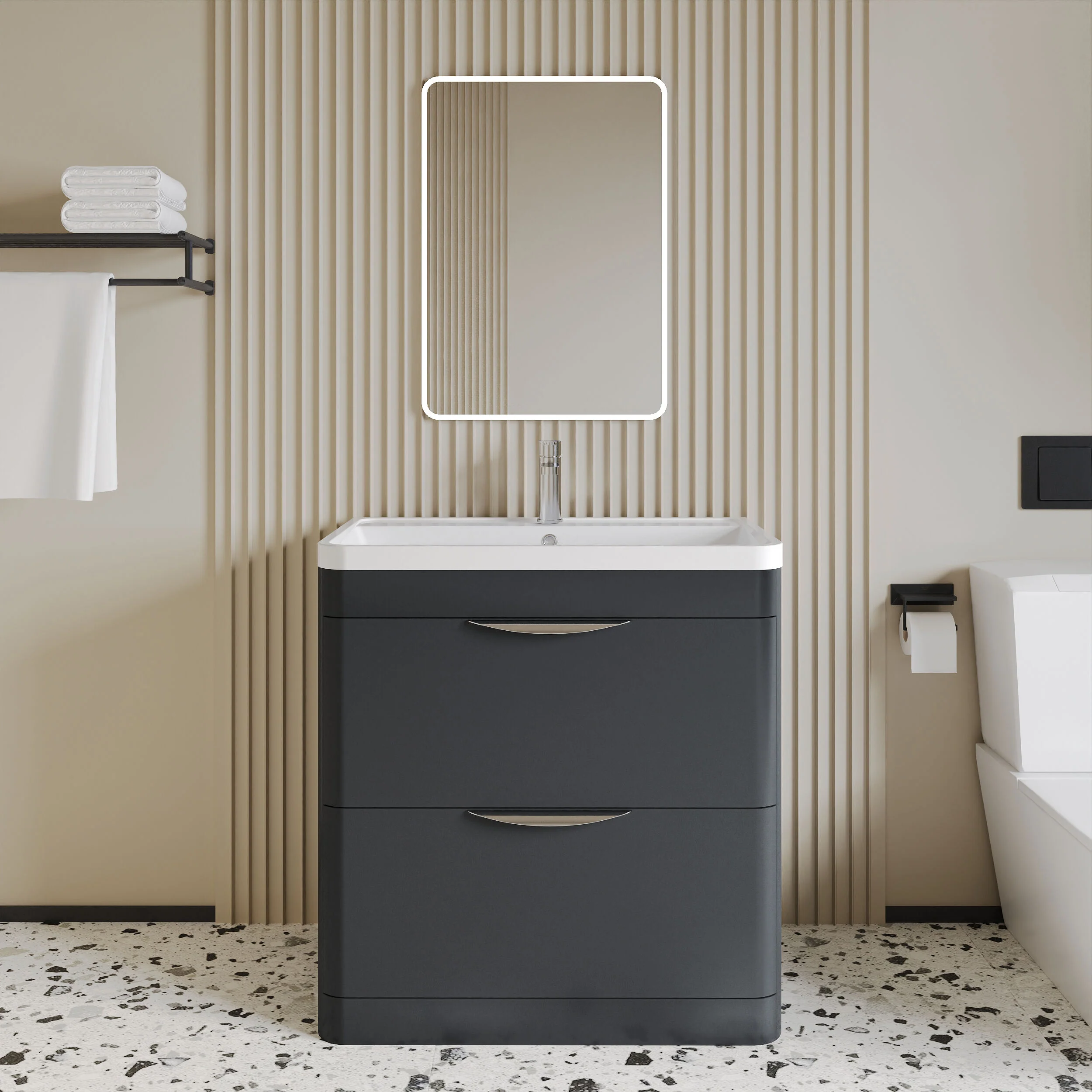 Balterley Wave Contemporary Floor Standing 2 Drawer Bathroom Vanity Unit & Polymarble Basin, Dark Grey, 550mm - Image 2