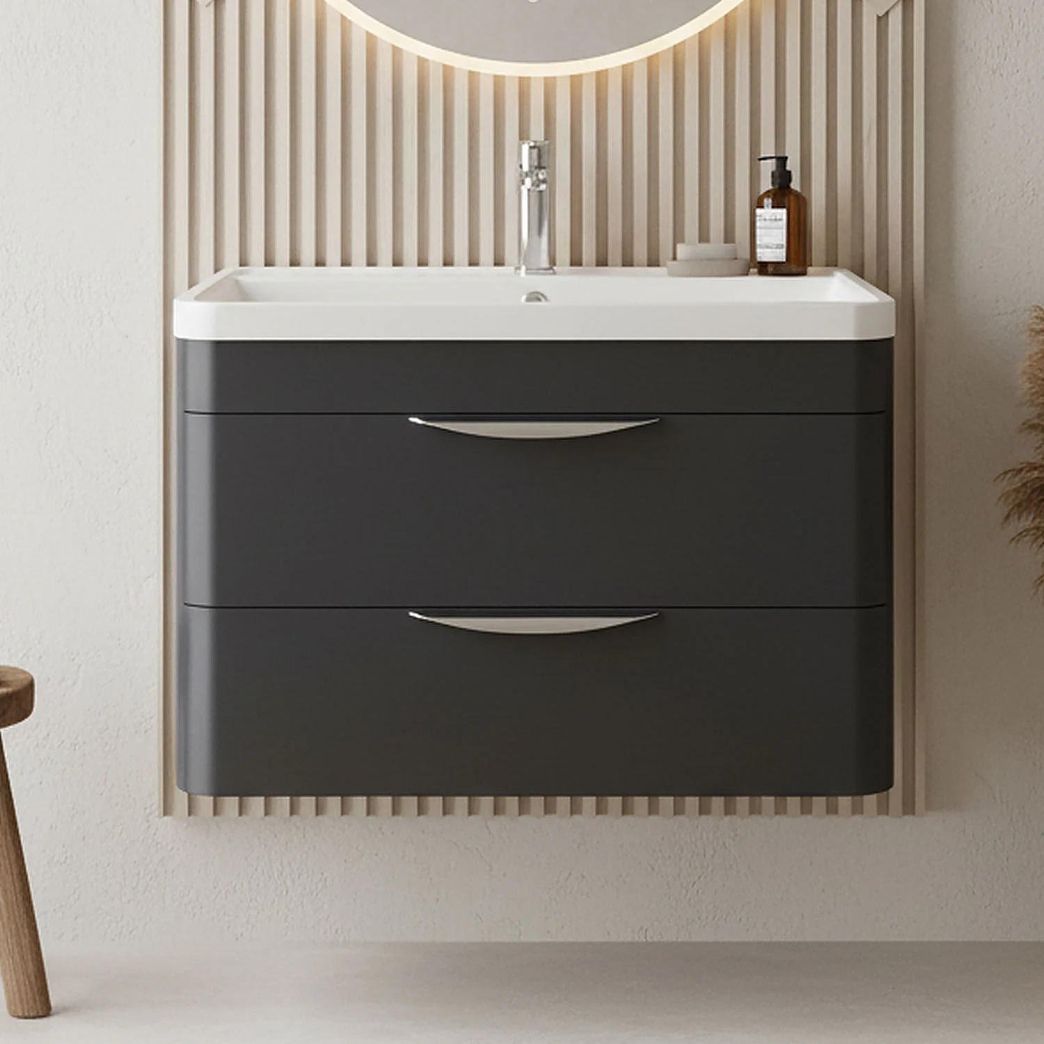 Balterley Wave Contemporary Wall Hung 2 Drawer Bathroom Vanity Unit & Polymarble Basin, Dark Grey, 755mm