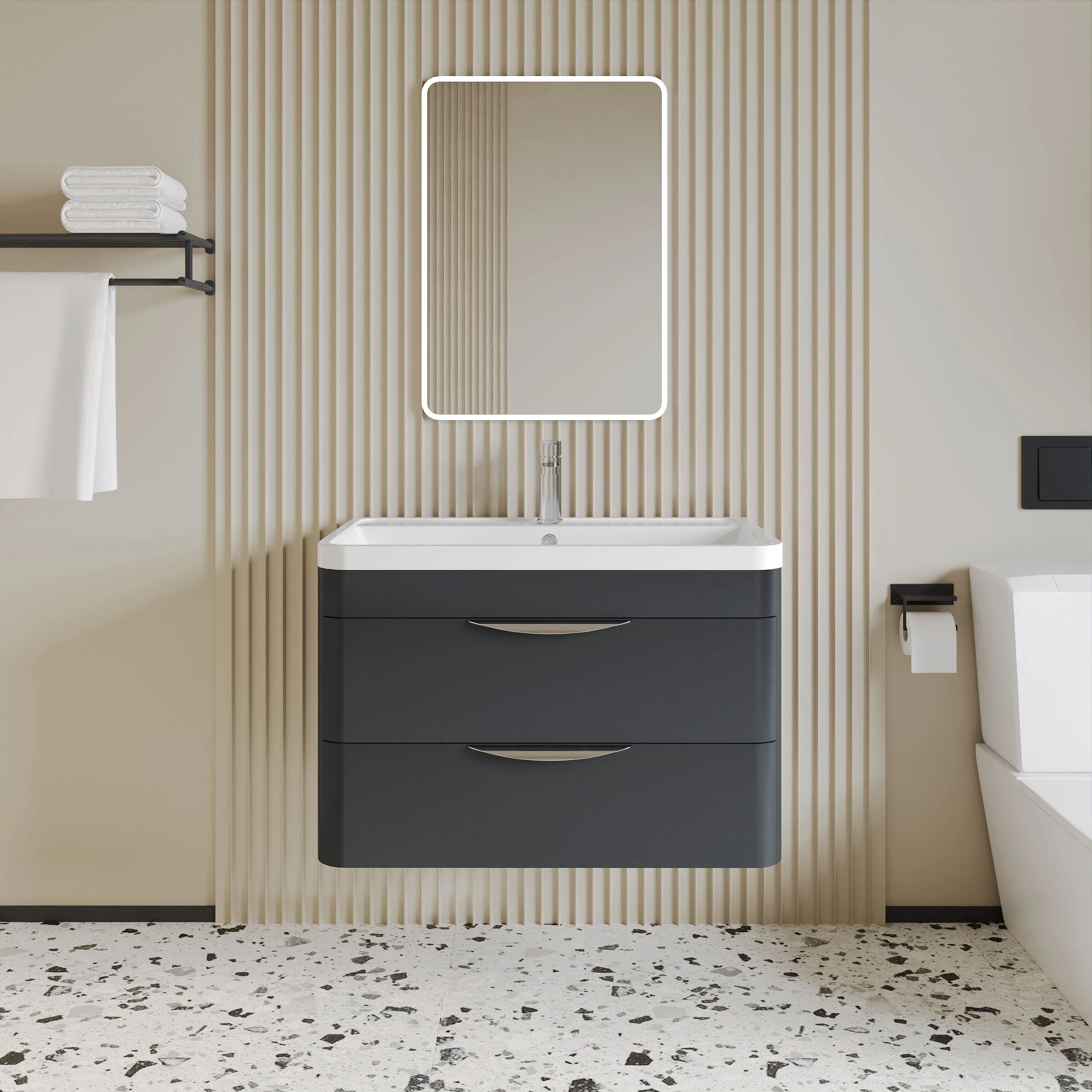 Balterley Wave Contemporary Wall Hung 2 Drawer Bathroom Vanity Unit & Polymarble Basin, Dark Grey, 755mm - Image 2