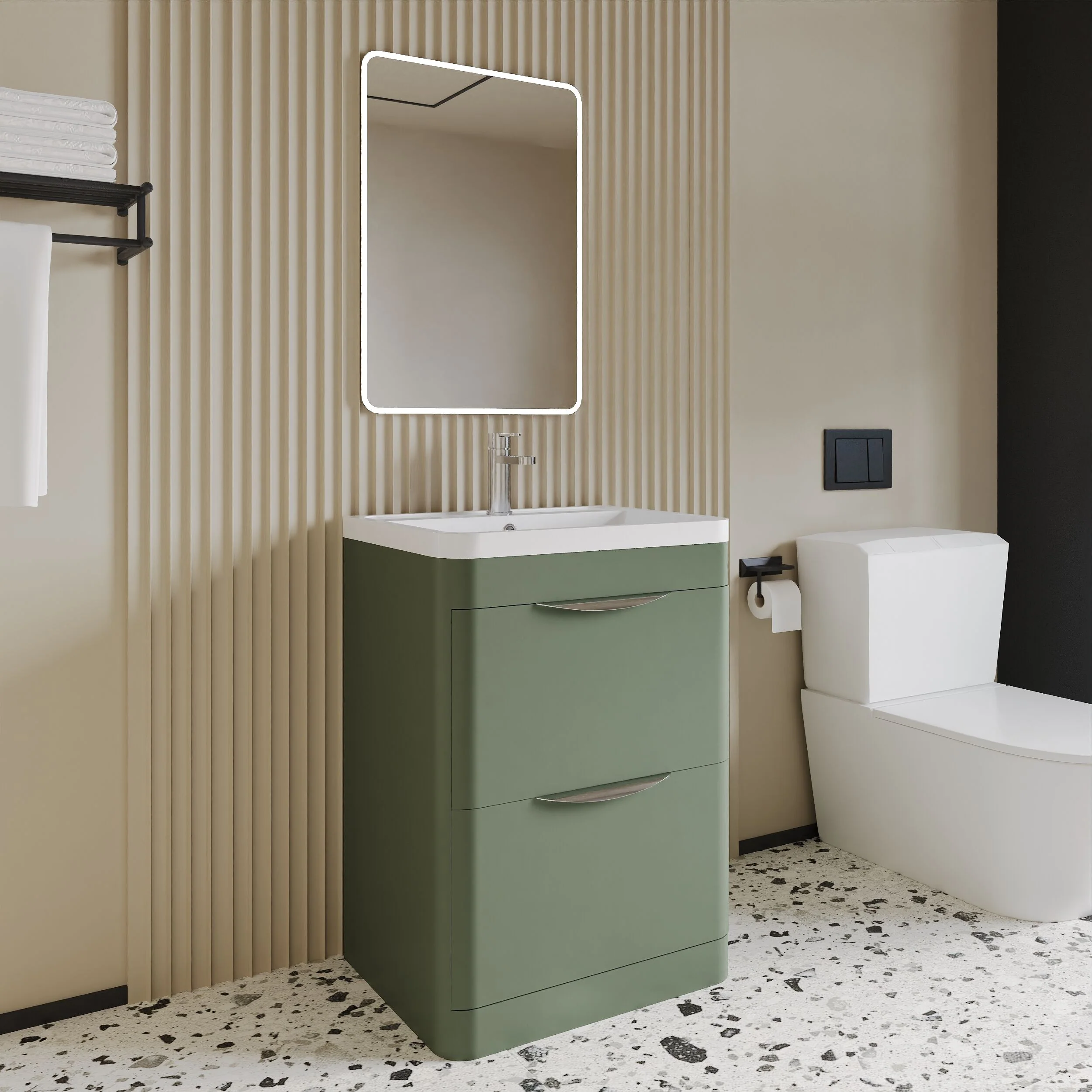 Balterley Wave Contemporary Floor Standing 2 Drawer Bathroom Vanity Unit & Polymarble Basin, Satin Green, 600mm - Image 3
