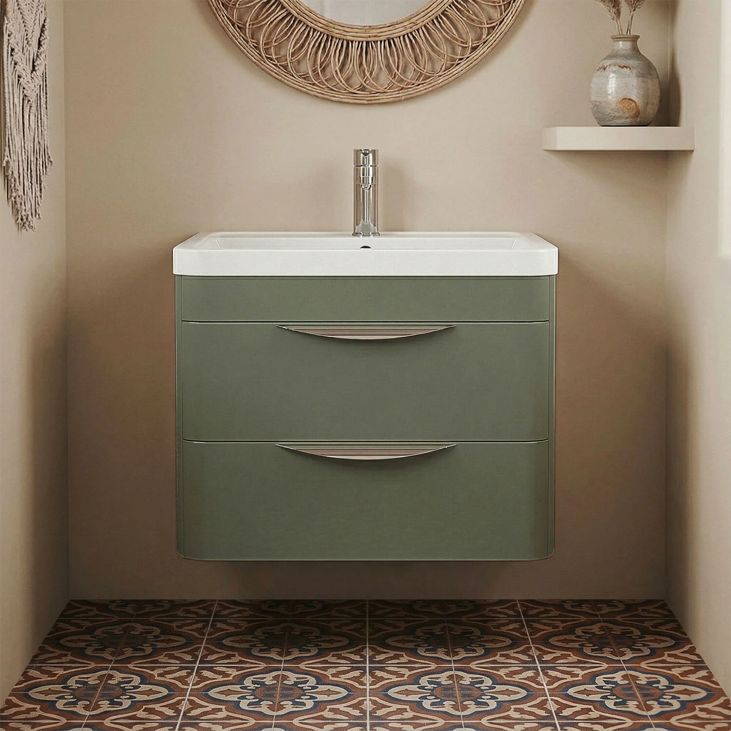 Balterley Wave Contemporary Wall Hung 2 Drawer Bathroom Vanity Unit & Polymarble Basin, Satin Green, 600mm