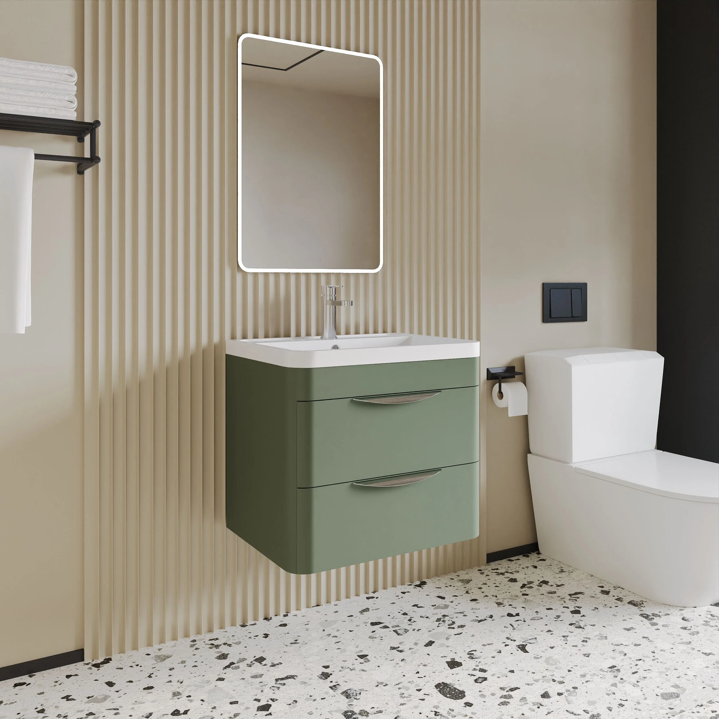 Balterley Wave Contemporary Wall Hung 2 Drawer Bathroom Vanity Unit & Polymarble Basin, Satin Green, 600mm - Image 3