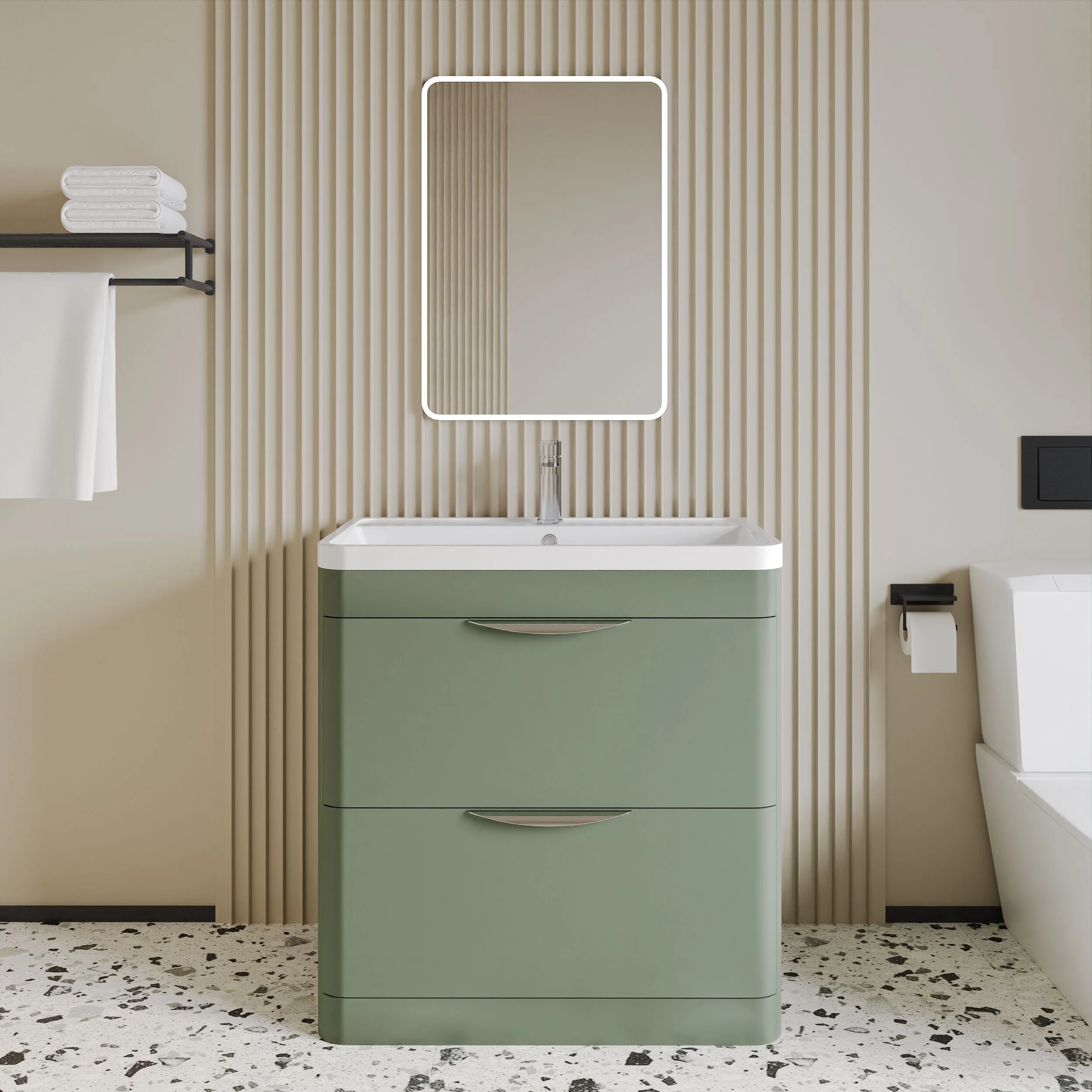 Balterley Wave Contemporary Floor Standing 2 Drawer Bathroom Vanity Unit & Polymarble Basin, Satin Green, 800mm - Image 2