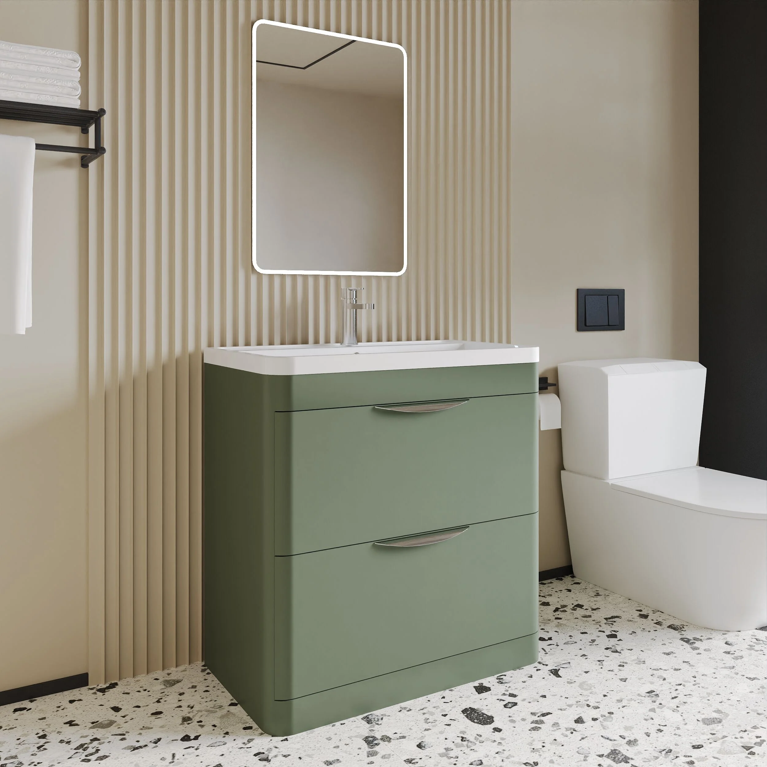Balterley Wave Contemporary Floor Standing 2 Drawer Bathroom Vanity Unit & Polymarble Basin, Satin Green, 800mm - Image 3