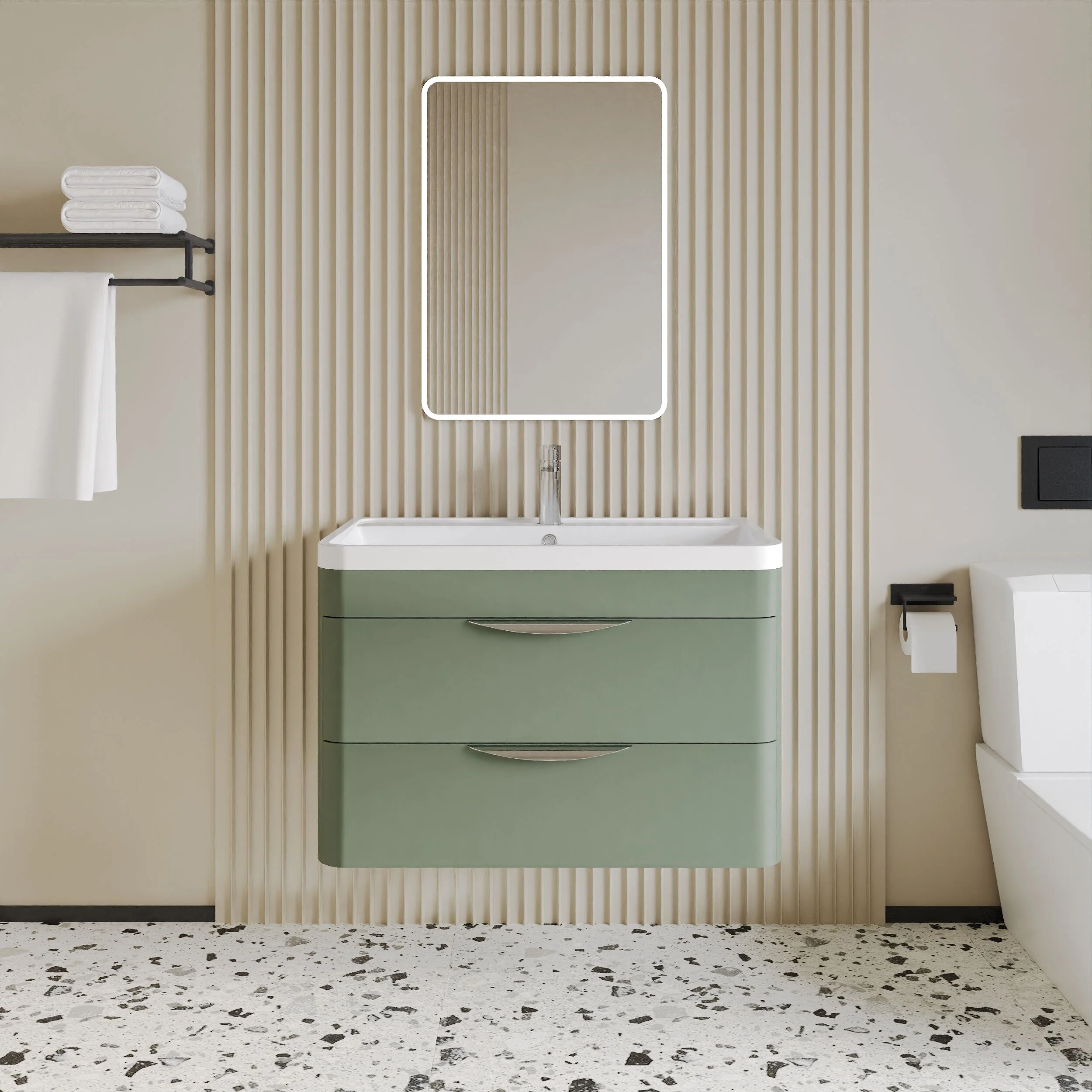 Balterley Wave Contemporary Wall Hung 2 Drawer Bathroom Vanity Unit & Polymarble Basin, Satin Green, 800mm - Image 2