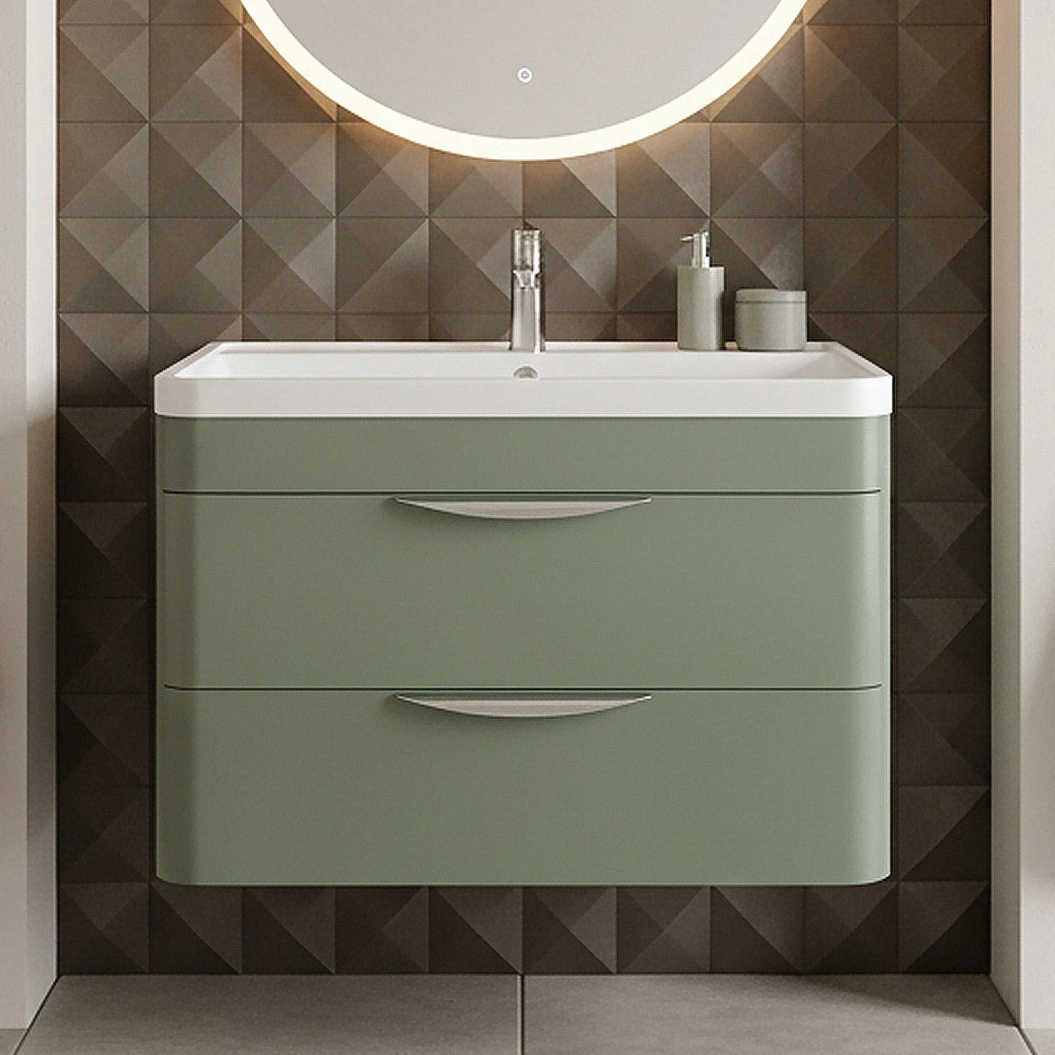 Balterley Wave Contemporary Wall Hung 2 Drawer Bathroom Vanity Unit & Ceramic Basin, Satin Green, 810mm