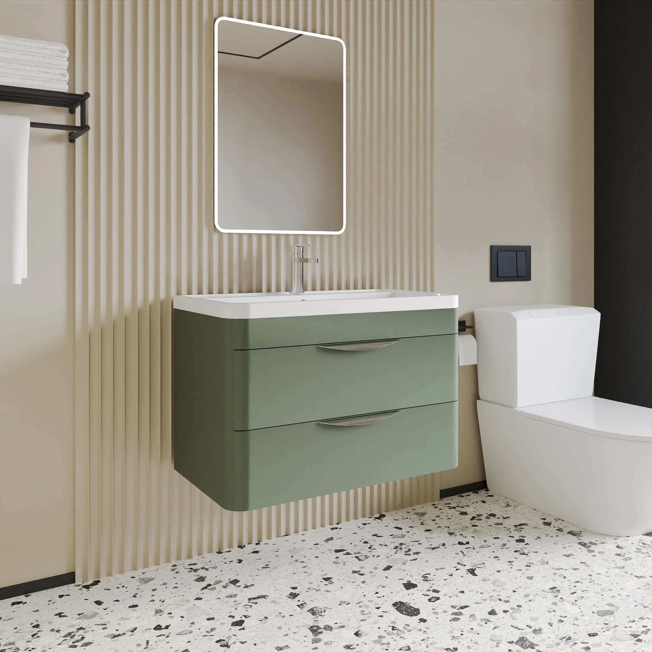 Balterley Wave Contemporary Wall Hung 2 Drawer Bathroom Vanity Unit & Ceramic Basin, Satin Green, 810mm - Image 3