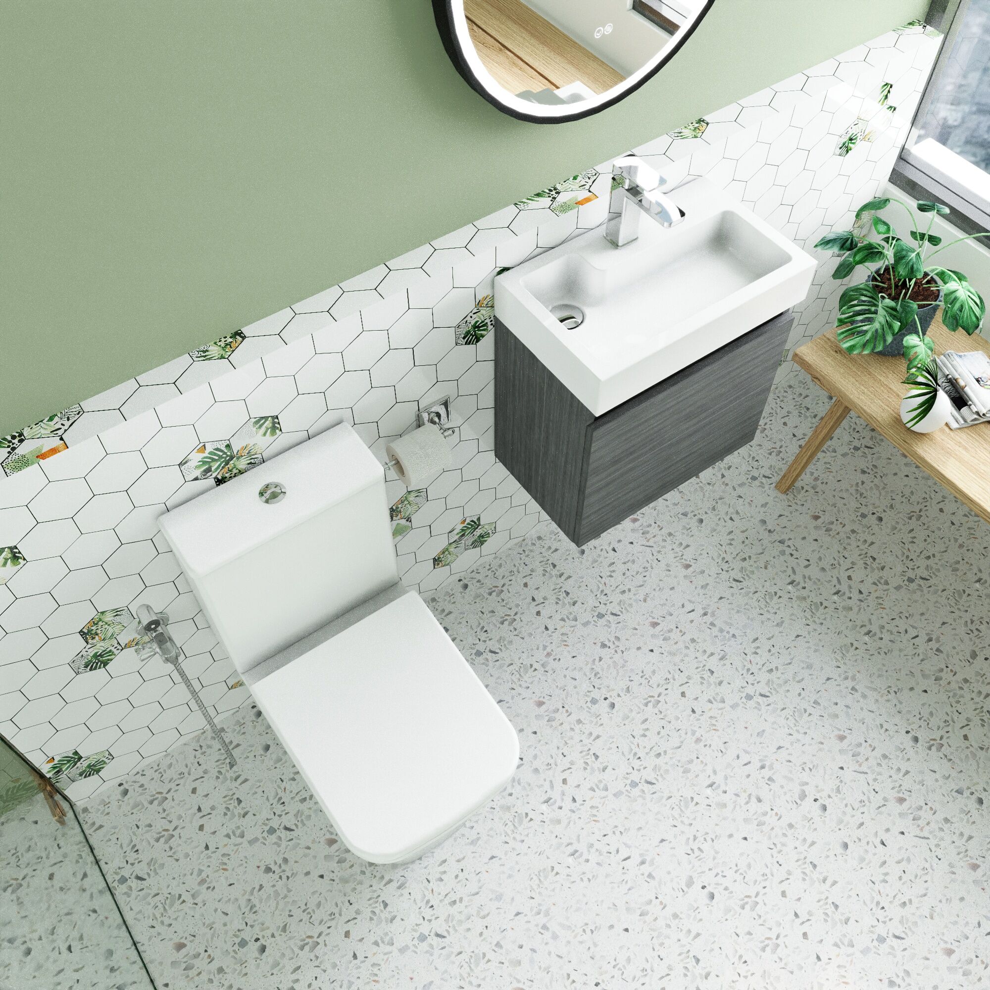 Cloakroom Suite - Vanity Unit, Tap and Toilet - Grey/Brass - Image 3
