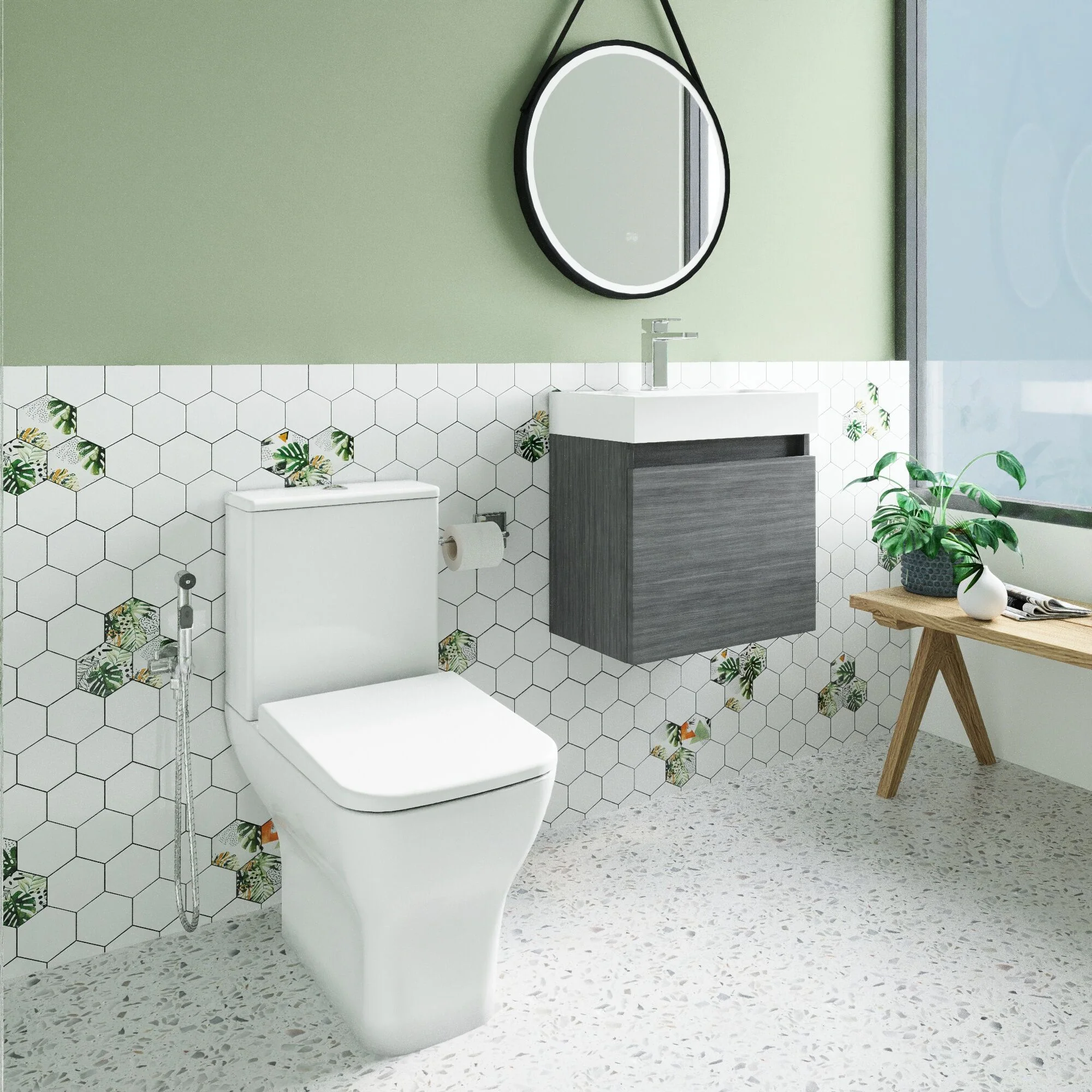 Cloakroom Suite - Vanity Unit, Tap and Toilet - Grey/Brass - Image 4