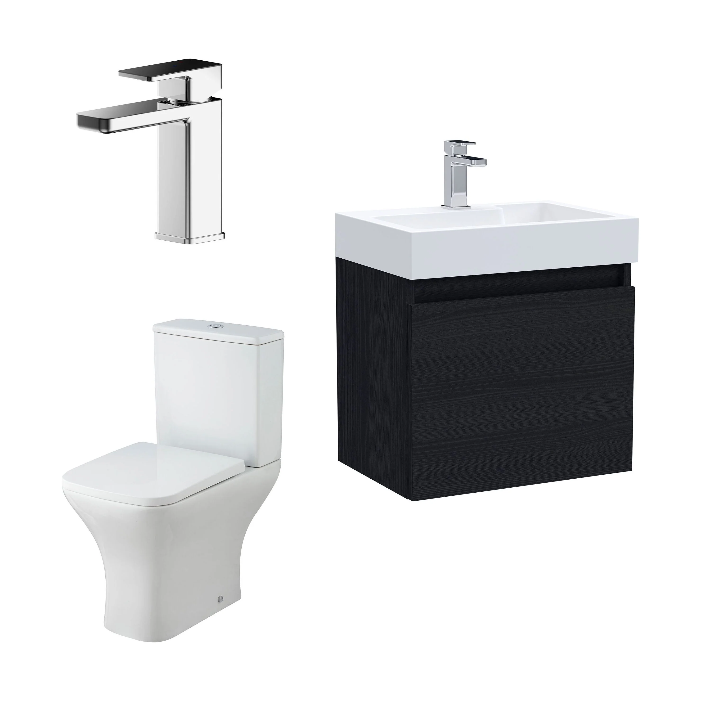 Cloakroom Suite - Vanity Unit, Tap and Toilet Set - Charcoal Black/Chrome