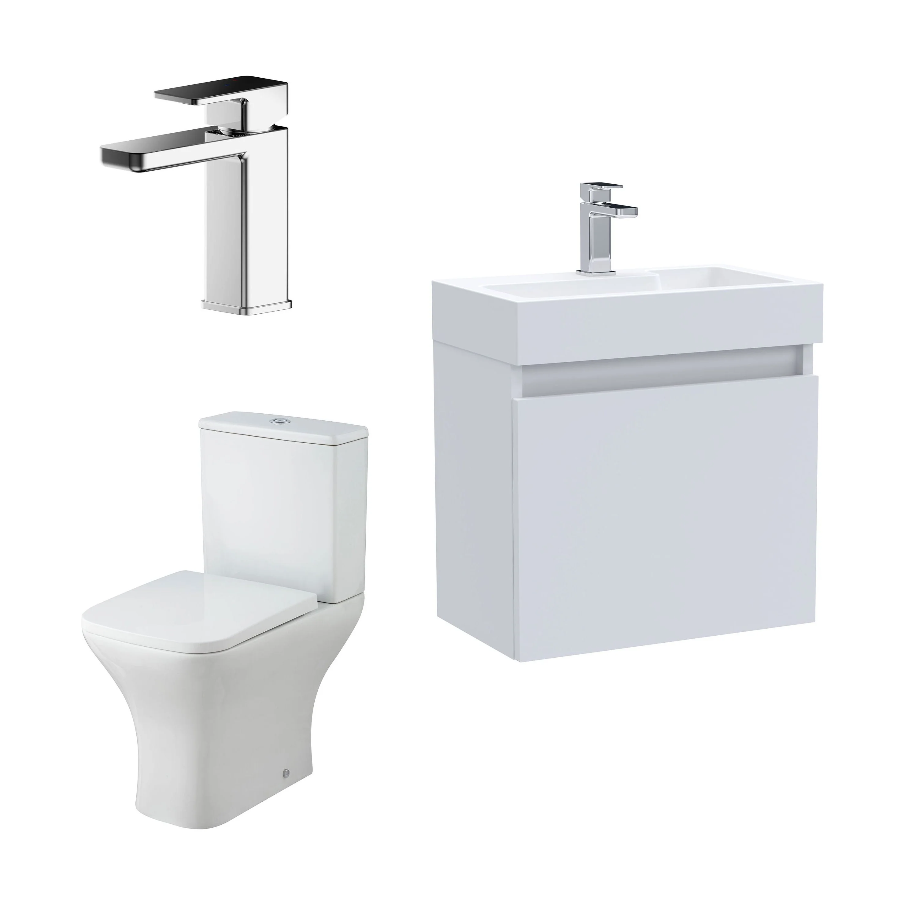 Cloakroom Suite - Slimline Vanity Unit, Tap and Toilet - Gloss White/Chrome
