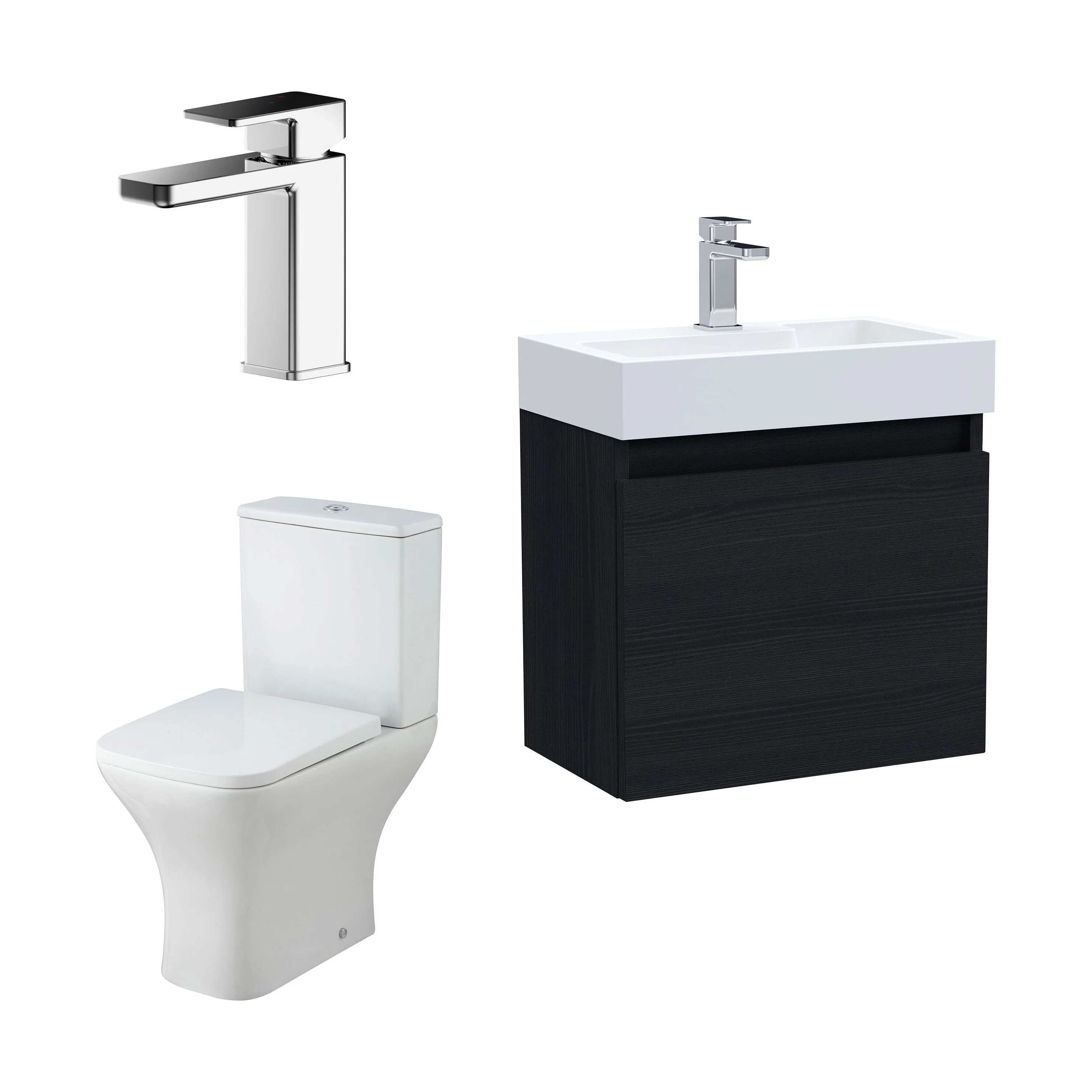 Cloakroom Suite - Slimline Vanity Unit, Tap and Toilet - Charcoal Black/Chrome