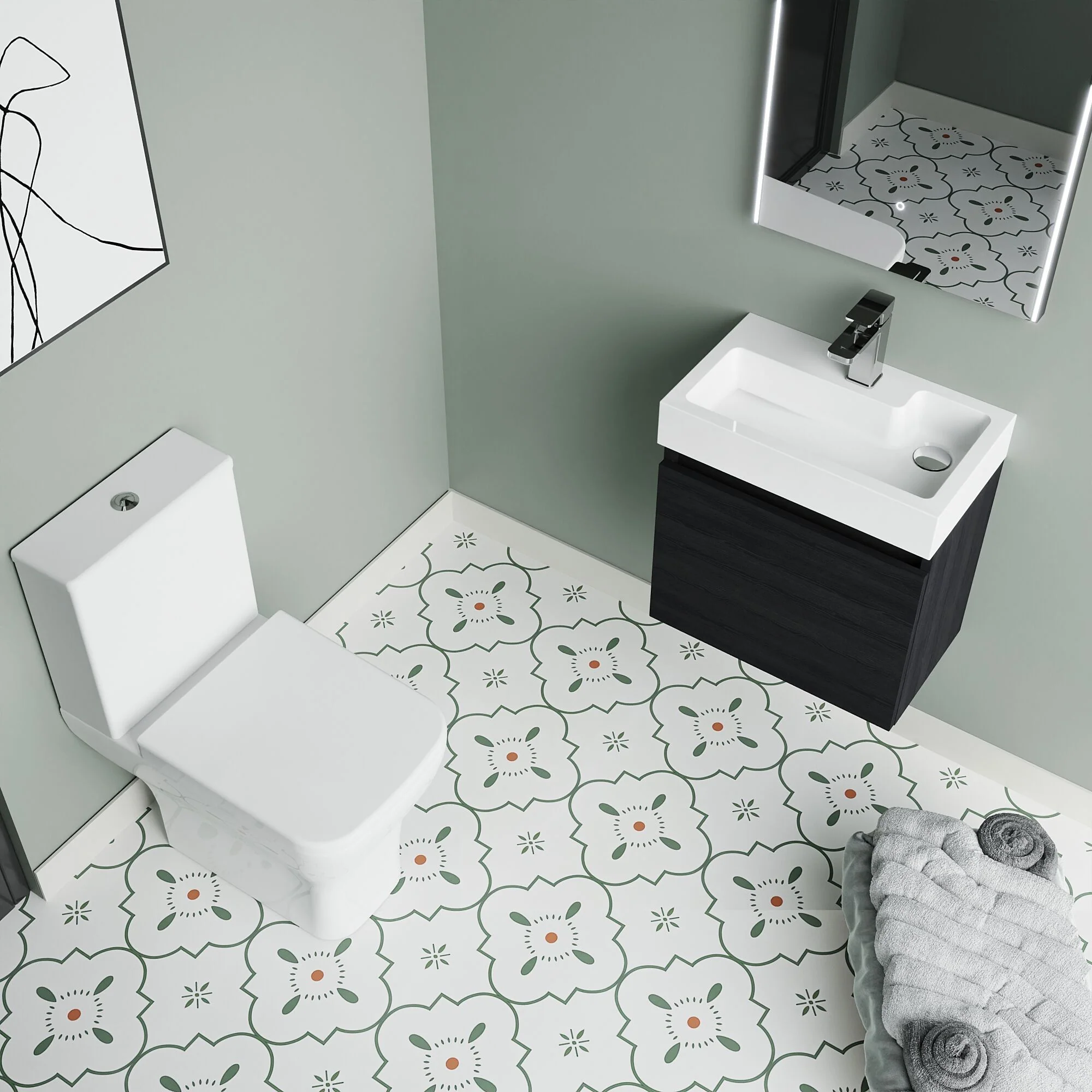 Cloakroom Suite - Slimline Vanity Unit, Tap and Toilet - Charcoal Black/Chrome - Image 3