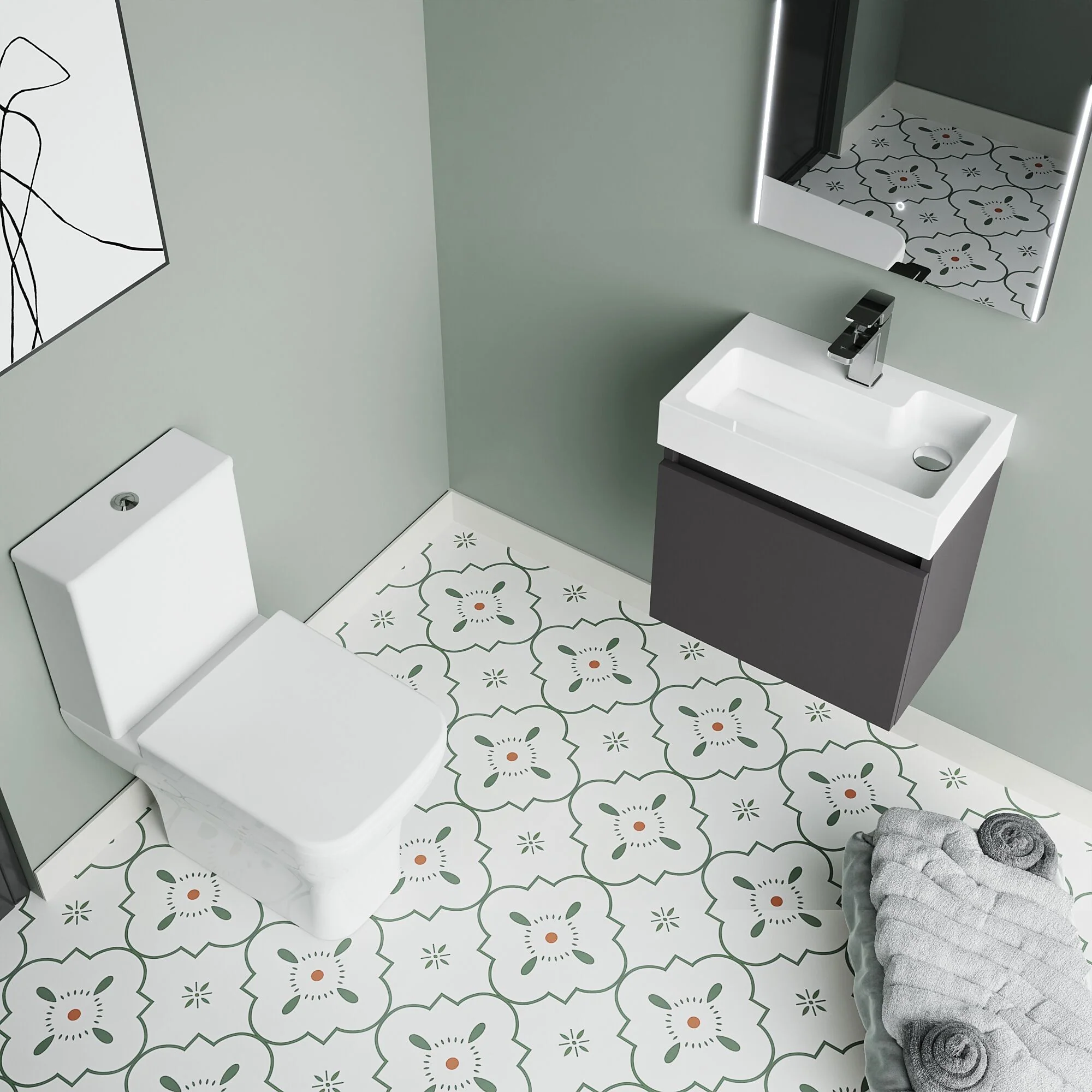 Cloakroom Suite - Slimline Vanity Unit, Tap and Toilet - Gloss Grey/Chrome - Image 3
