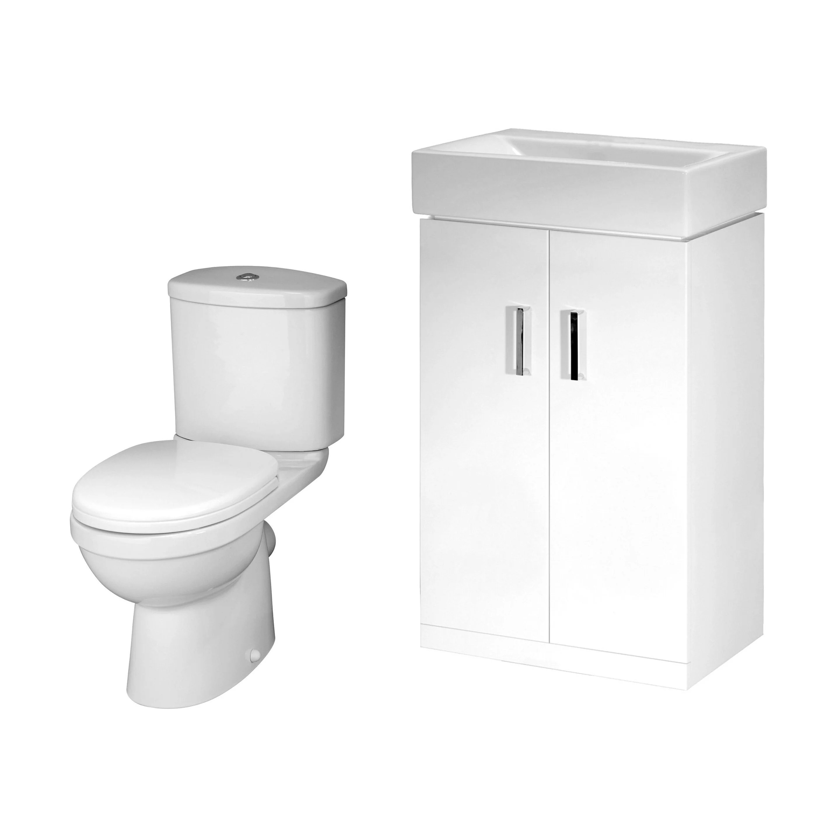 Cloakroom Suite - Floor Standing Vanity Basin Unit, Toilet and Seat - Gloss White