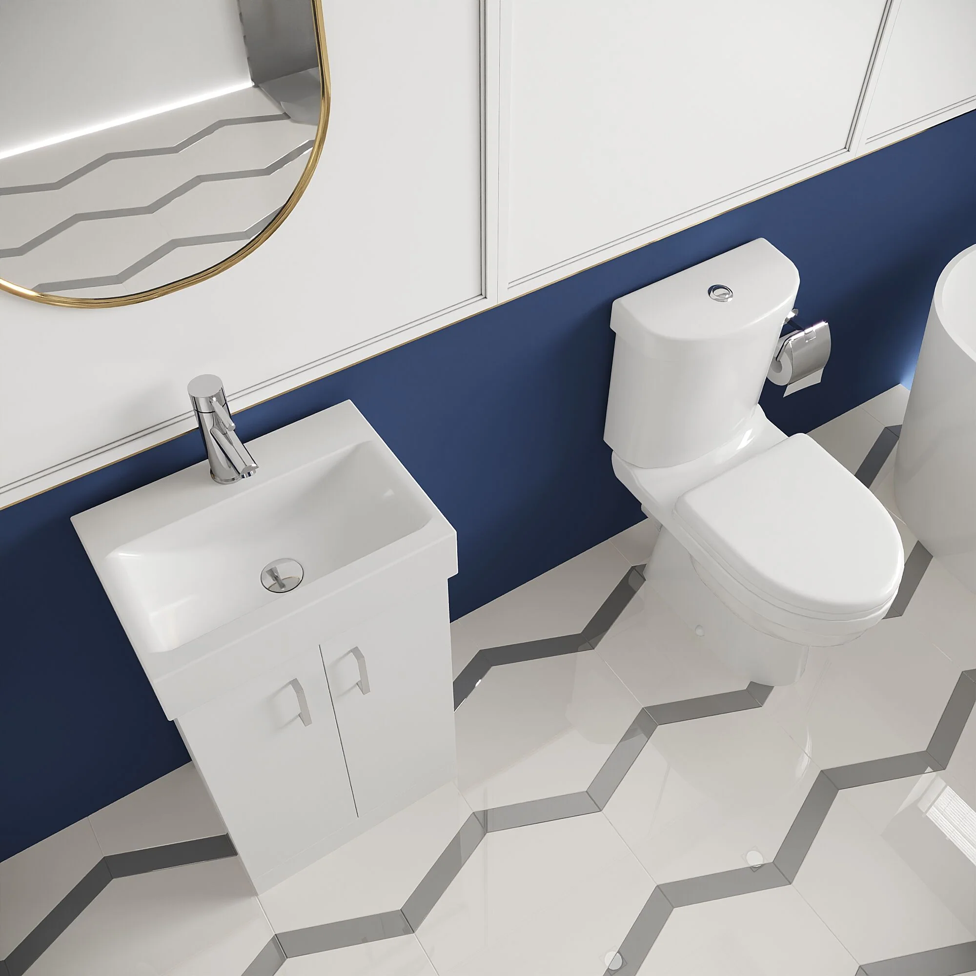 Cloakroom Suite - Floor Standing Vanity Basin Unit, Toilet and Seat - Gloss White - Image 3