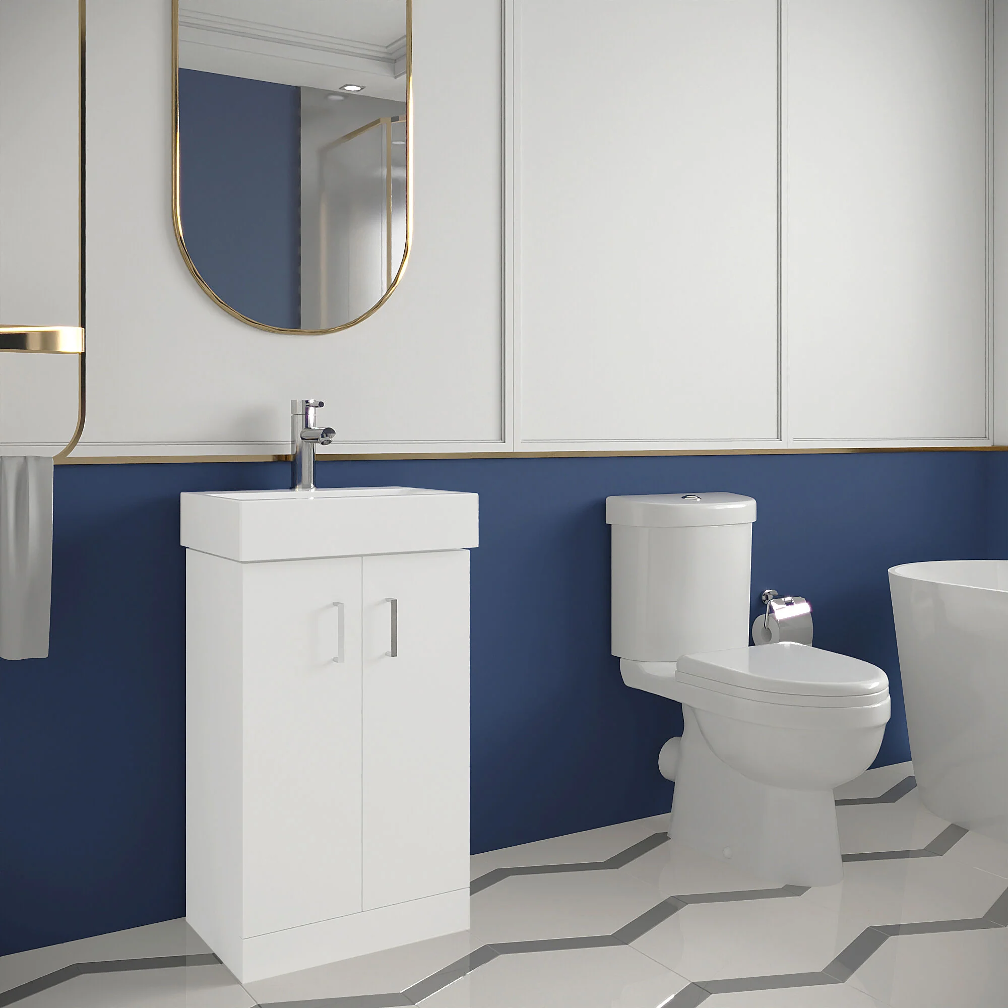 Cloakroom Suite - Floor Standing Vanity Basin Unit, Toilet and Seat - Gloss White - Image 4