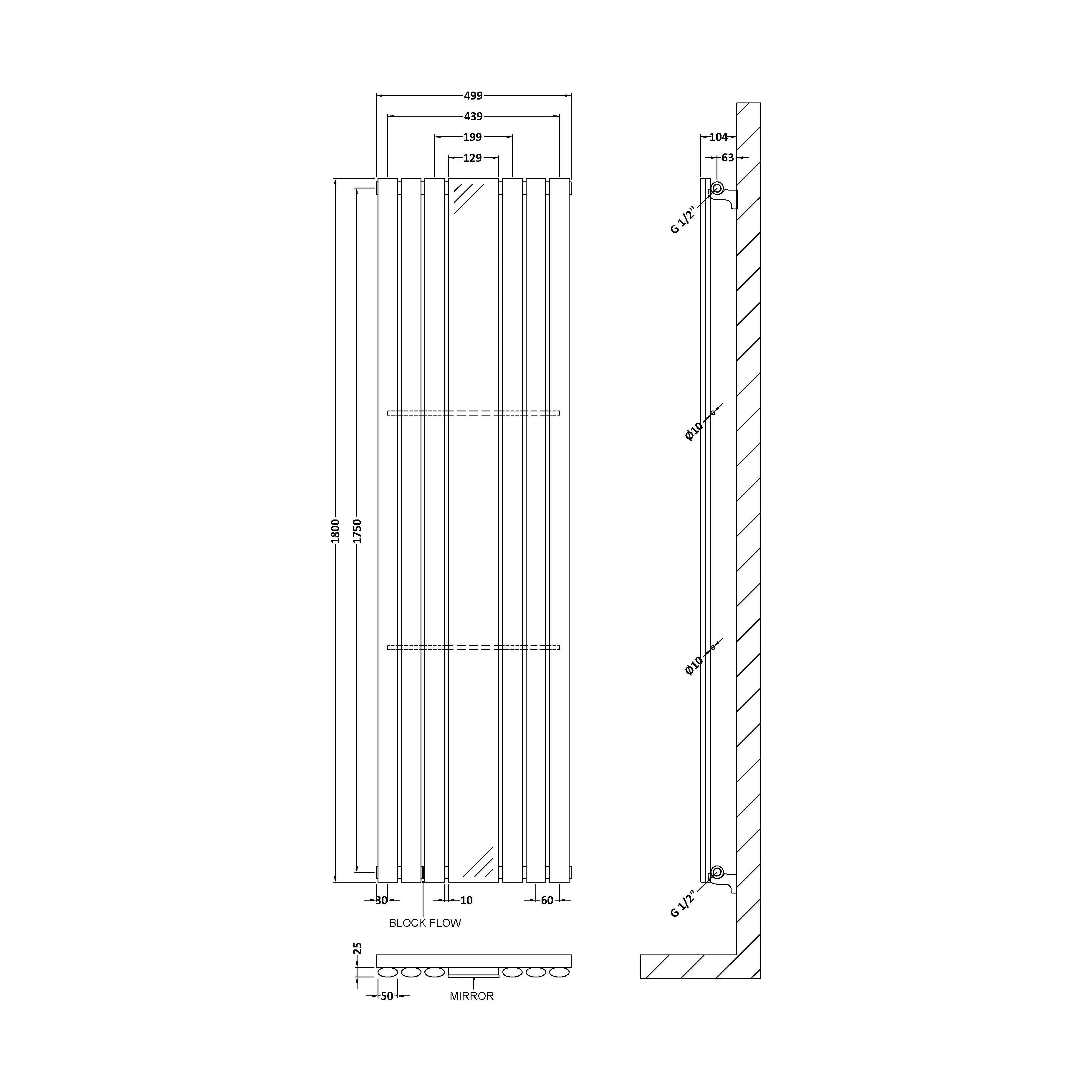 Balterley Embrace Vertical Single Panel Radiator with Mirror, 1800mm x 499mm - Gloss White - Image 2