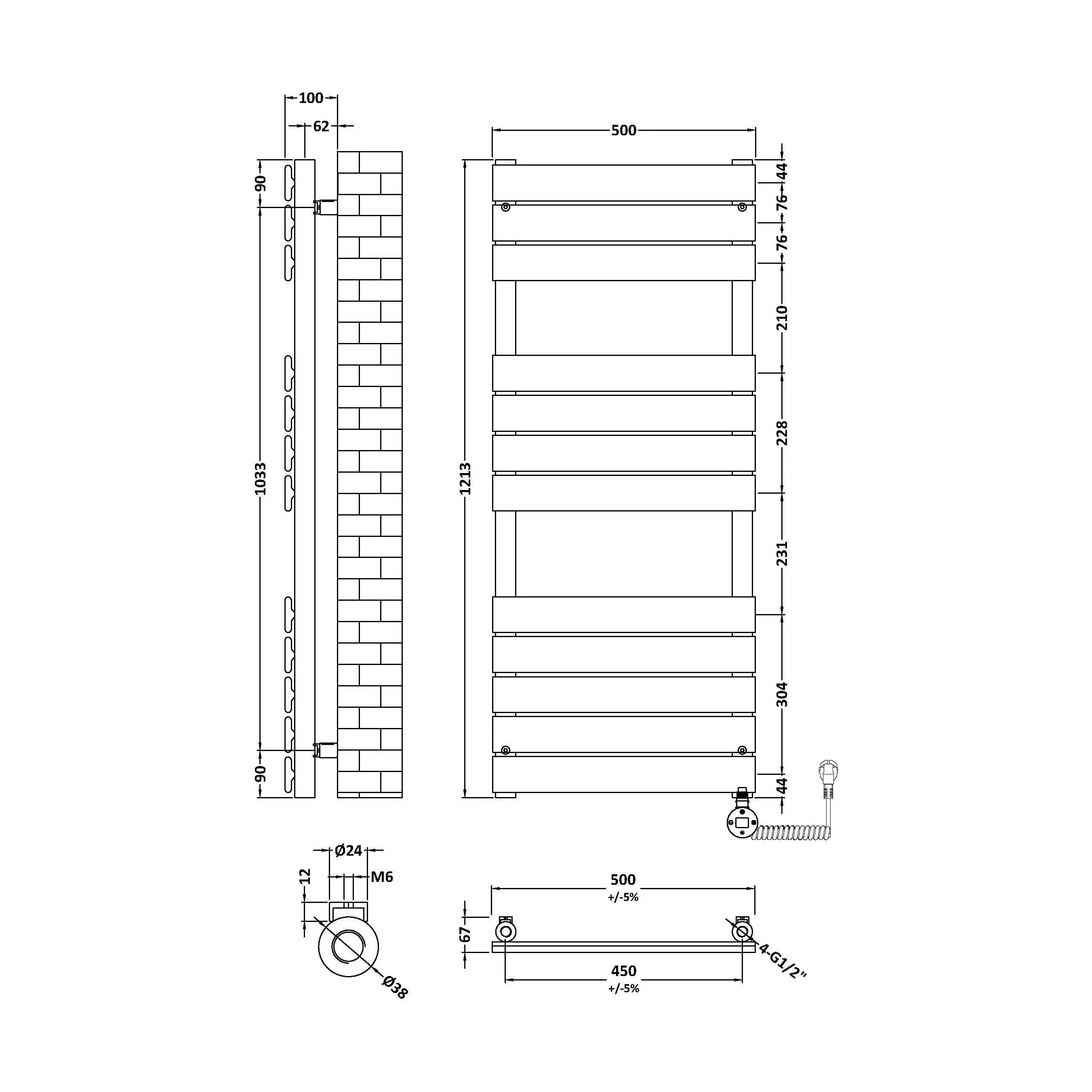 Electric Square Flat Heated Towel Rail with 12 Bars, 1213 x 500, Anthracite - Image 15