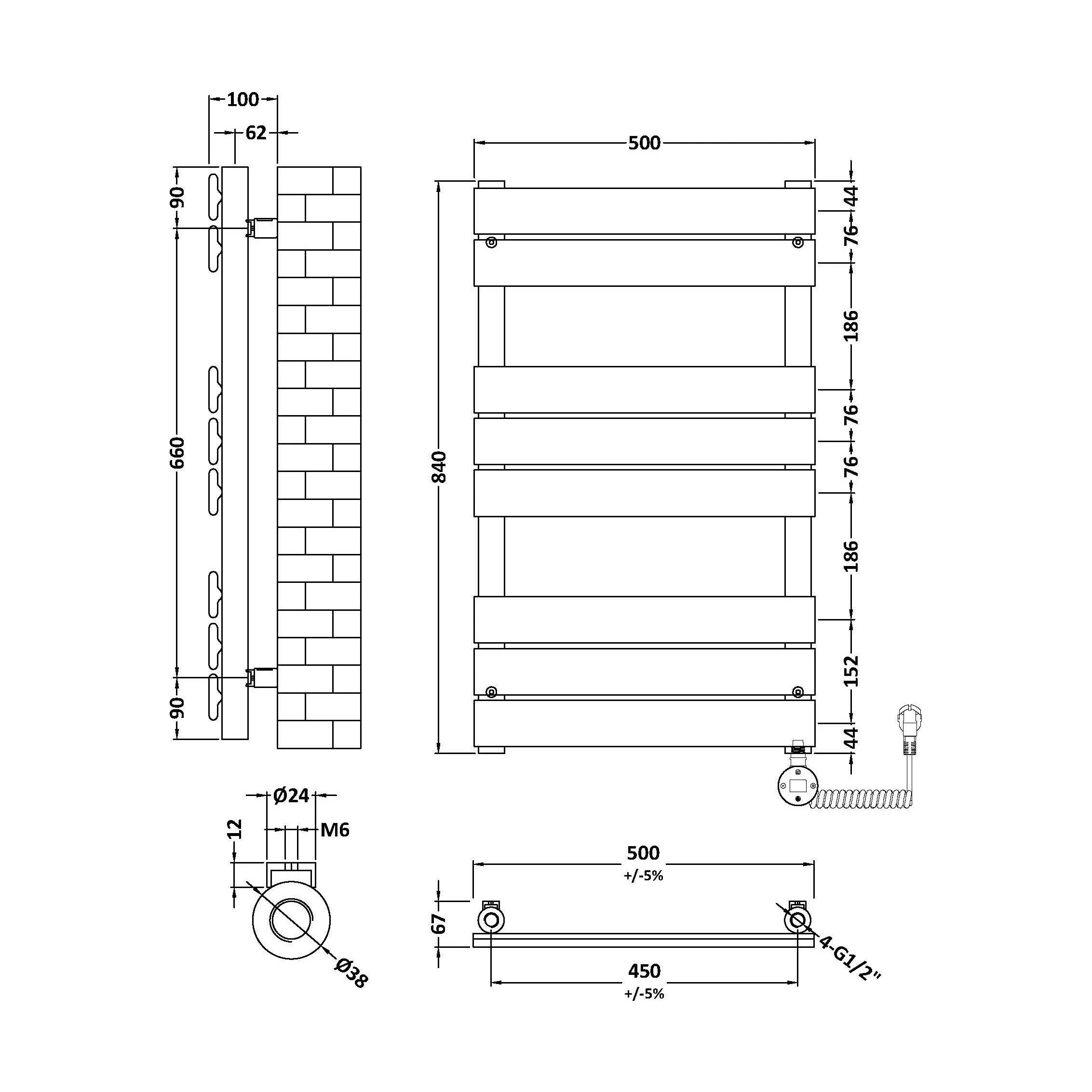 Electric Square Flat Heated Towel Rail with 8 Bars, 840mm x 500mm, Chrome - Image 5