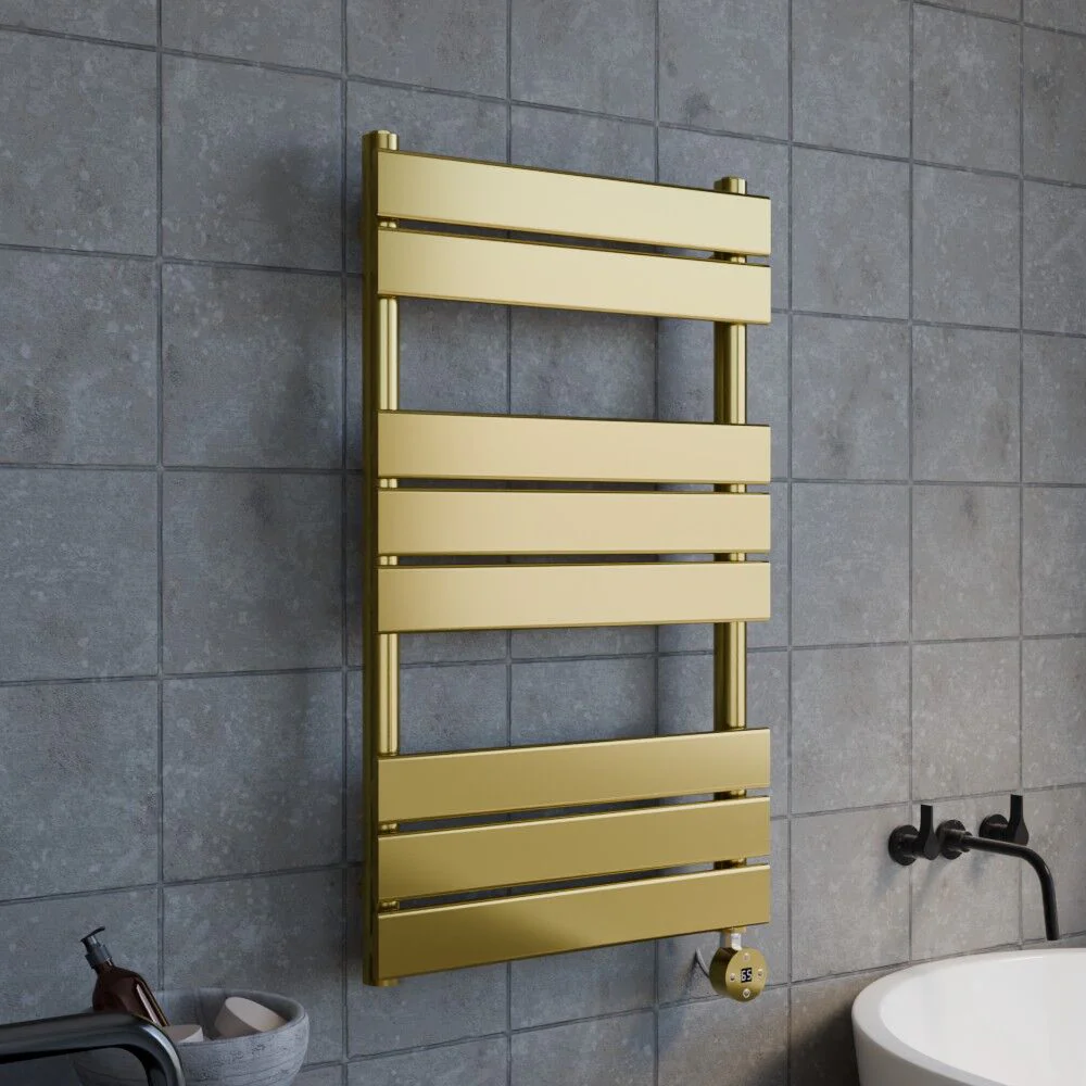 Square Flat Heated Towel Rail with 8 Bars, 840 x 500mm, Brushed Brass - Image 4