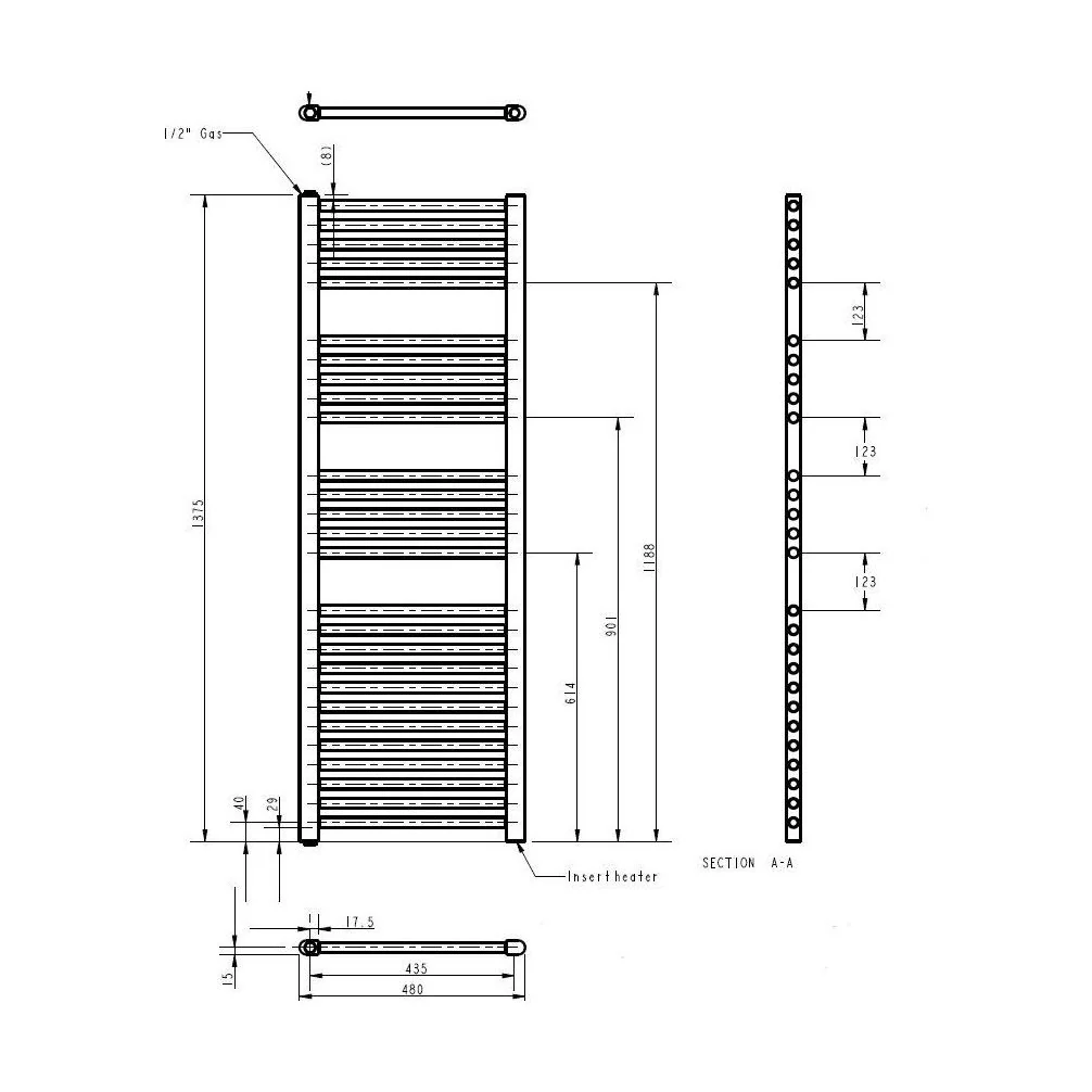Balterley Contemporary Electric Vertical Round Towel Rail with 27 Rails, 1375mm x 480mm, 750 Watt Heated Bathroom - Anthracite