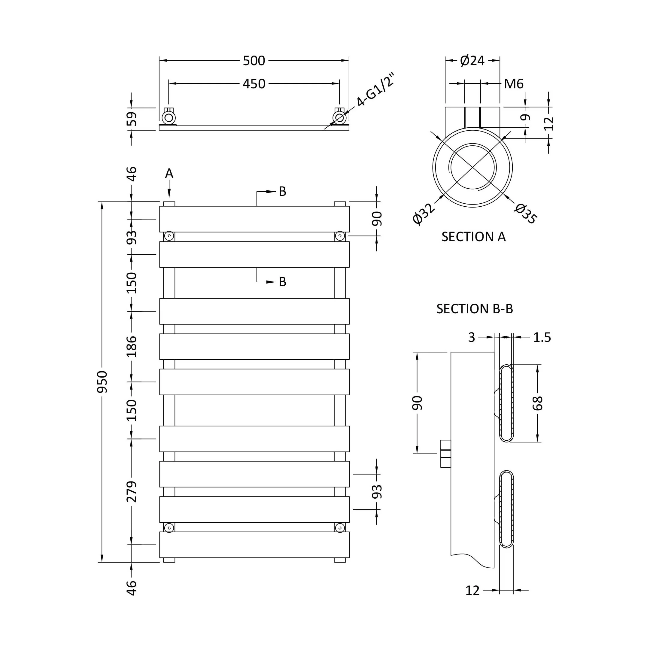Balterley Contemporary Heated Towel Rail with 9 Flat Panels, 950mm x 500mm - Chrome - Image 5