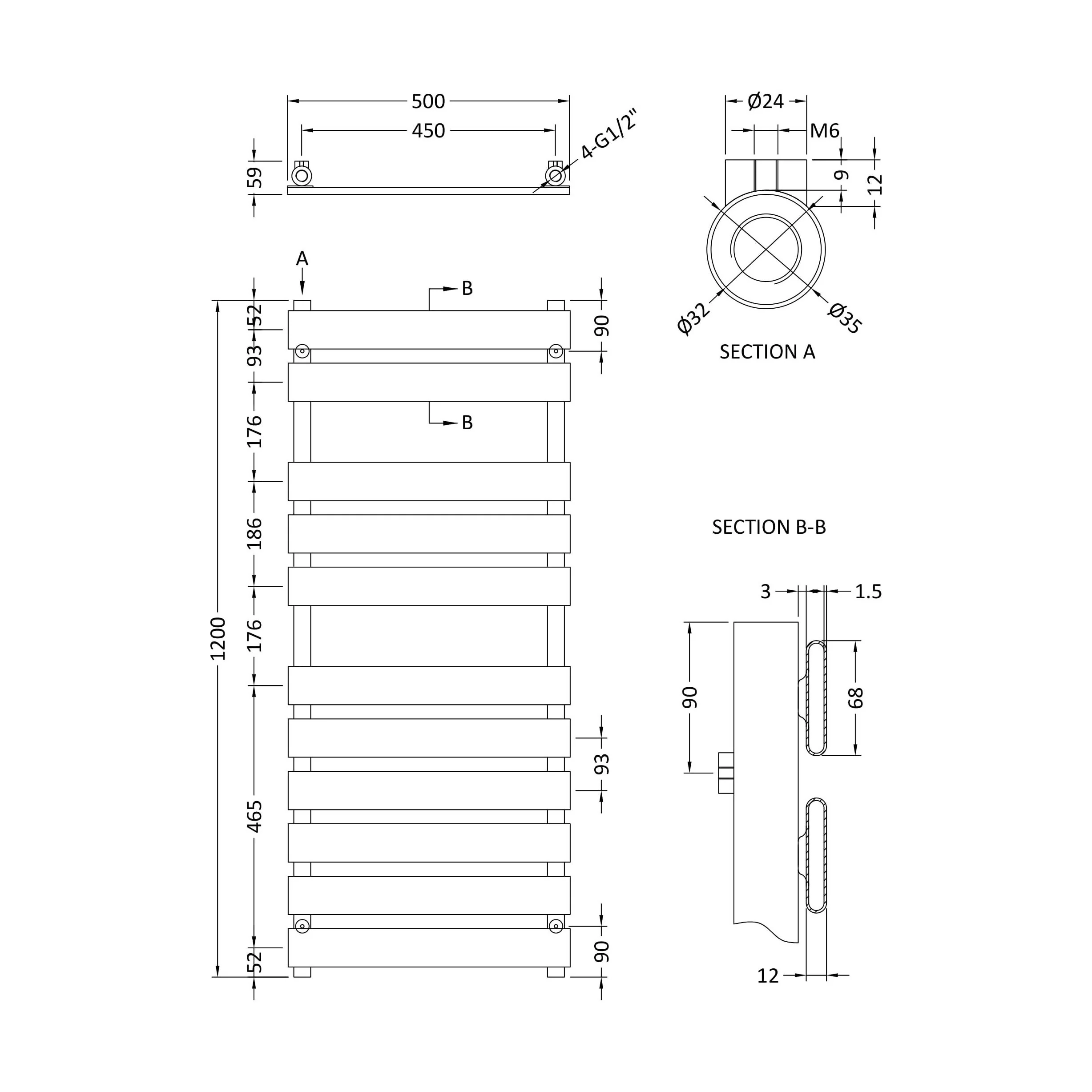 Balterley Contemporary Heated Towel Rail with 11 Flat Panels, 1200mm x 500mm - Chrome - Image 5