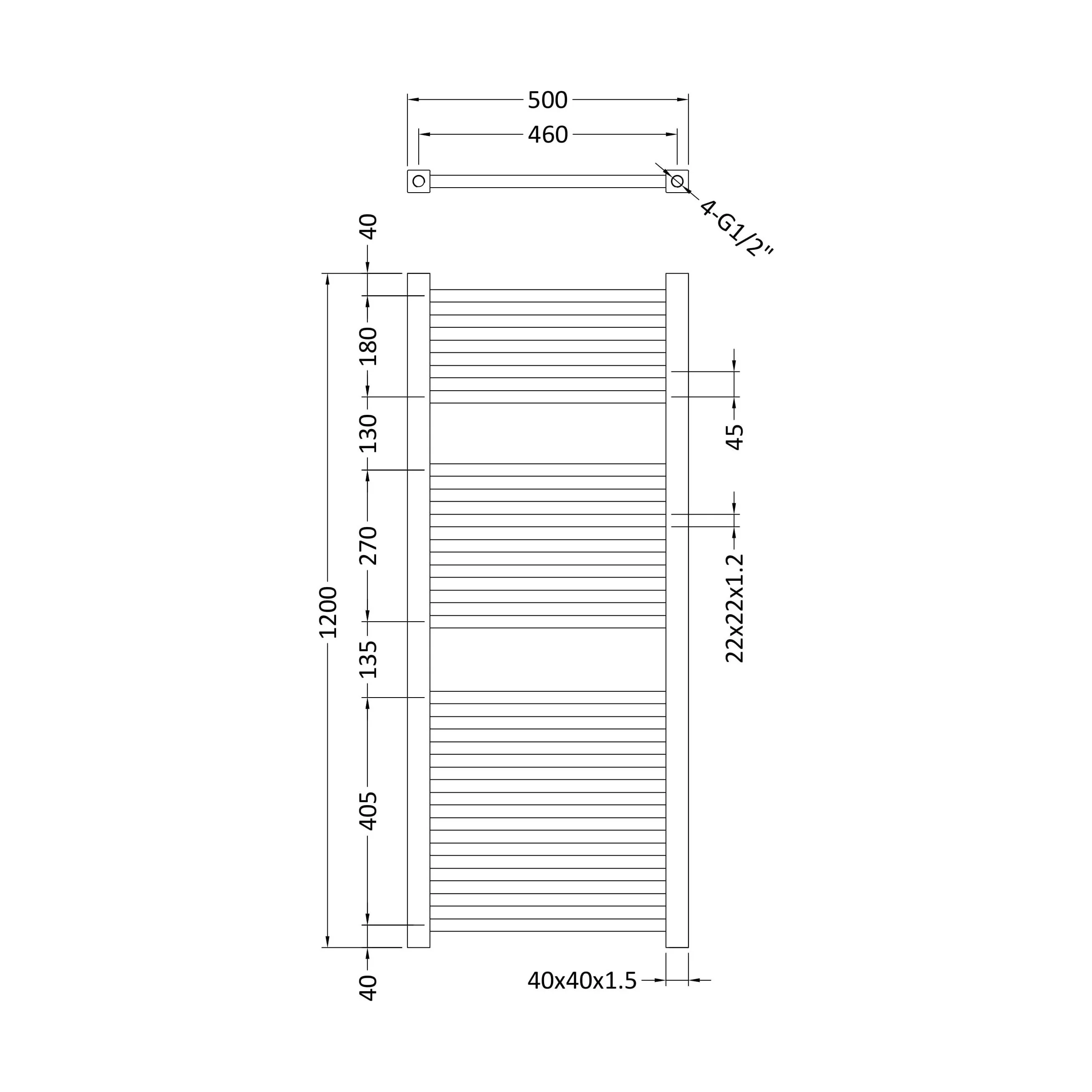 Balterley Contemporary Heated Vertical Towel Ladder Rail with Square Rails, 1167 BTU, 1200mm x 500mm Bathroom Radiator - Chrome - Image 2