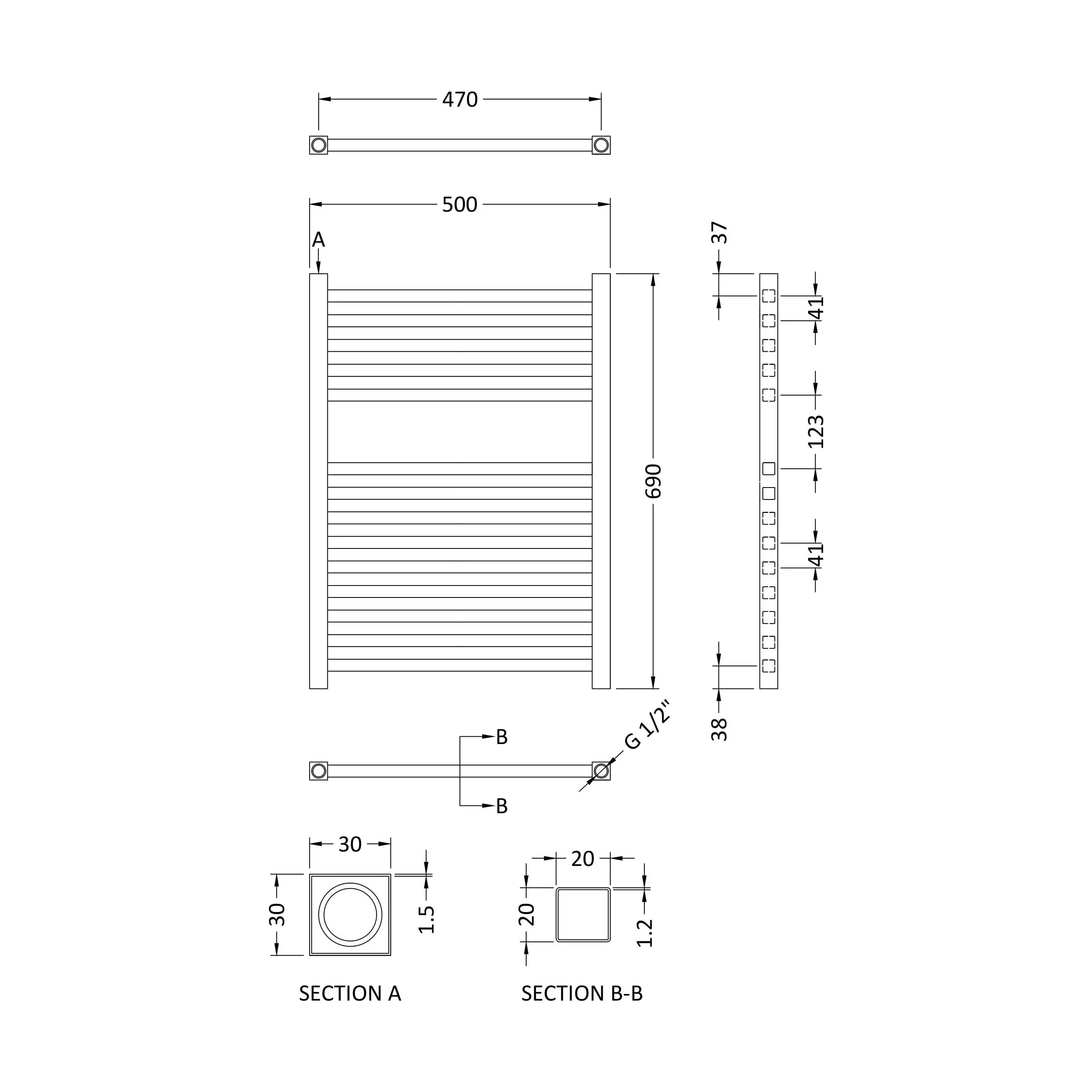 Electric Vertical Square Towel Rail with 14 Rails - 690mm x 500mm - 200 Watt - Chrome - Image 5
