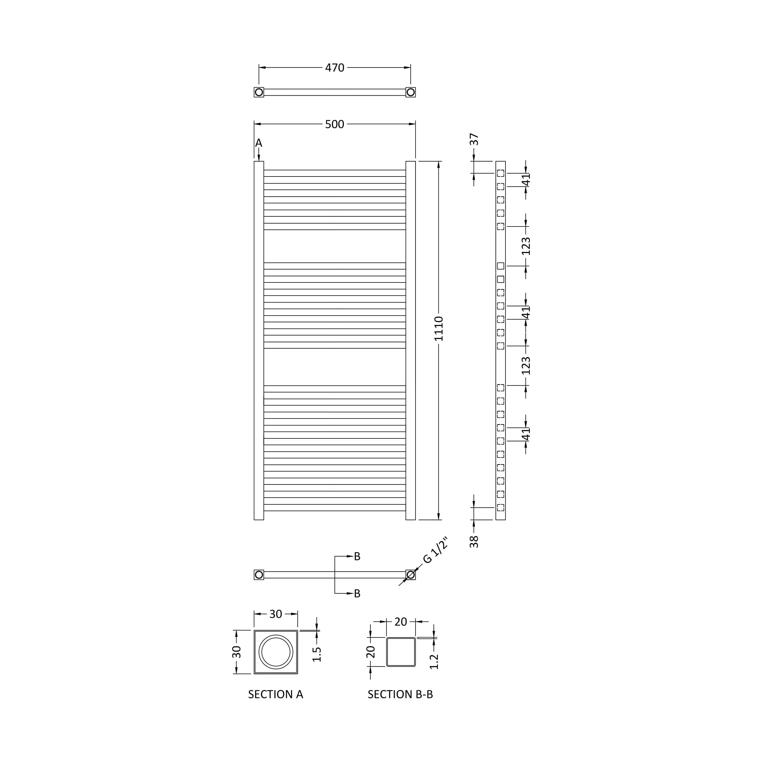 Electric Vertical Square Towel Rail with 22 Rails - 1110mm x 500mm - 300 Watt - Chrome - Image 2
