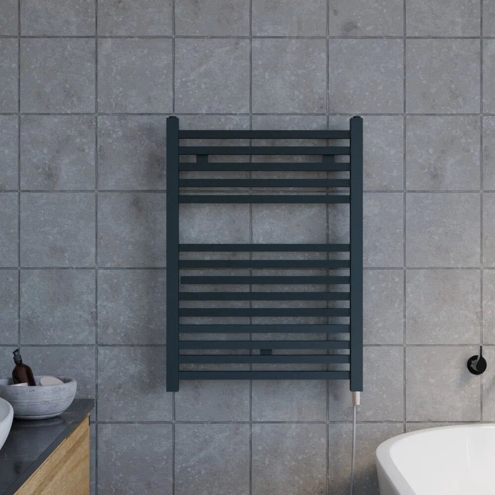 Electric Vertical Square Towel Rail with 14 Rails - 690mm x 500mm - 300 Watt - Anthracite - Image 2