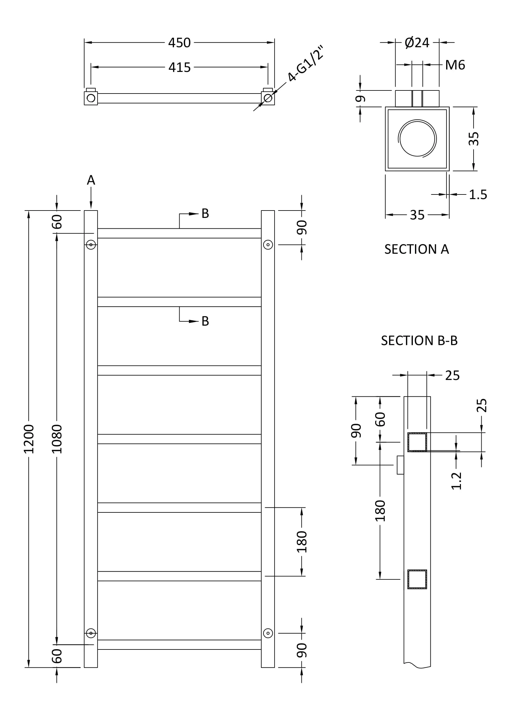 Contemporary Wall Mounted Heated Towel Rail with Square Rails, Choice of Size - Image 5