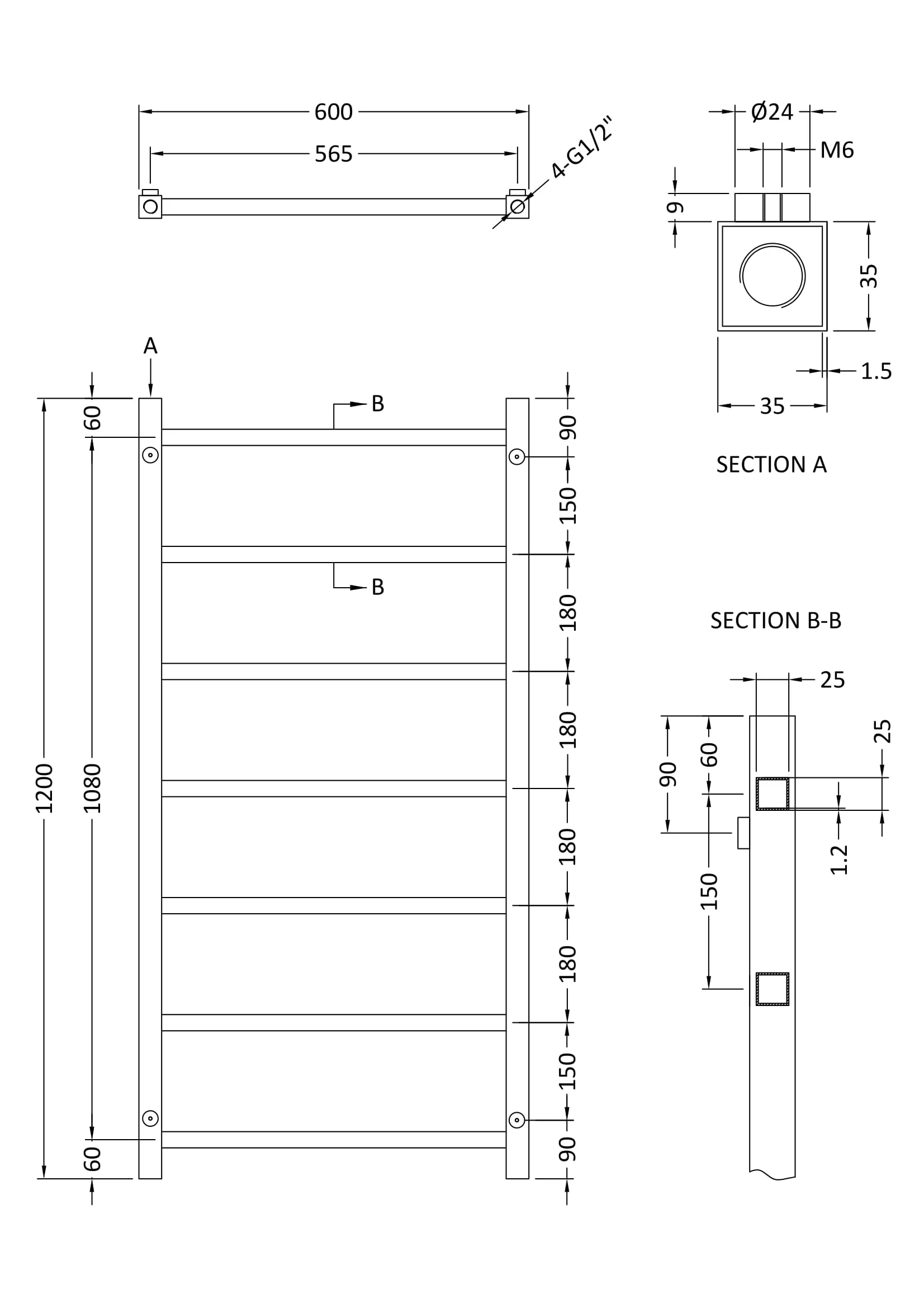 Contemporary Wall Mounted Heated Towel Rail with Square Rails, Choice of Size - Image 7